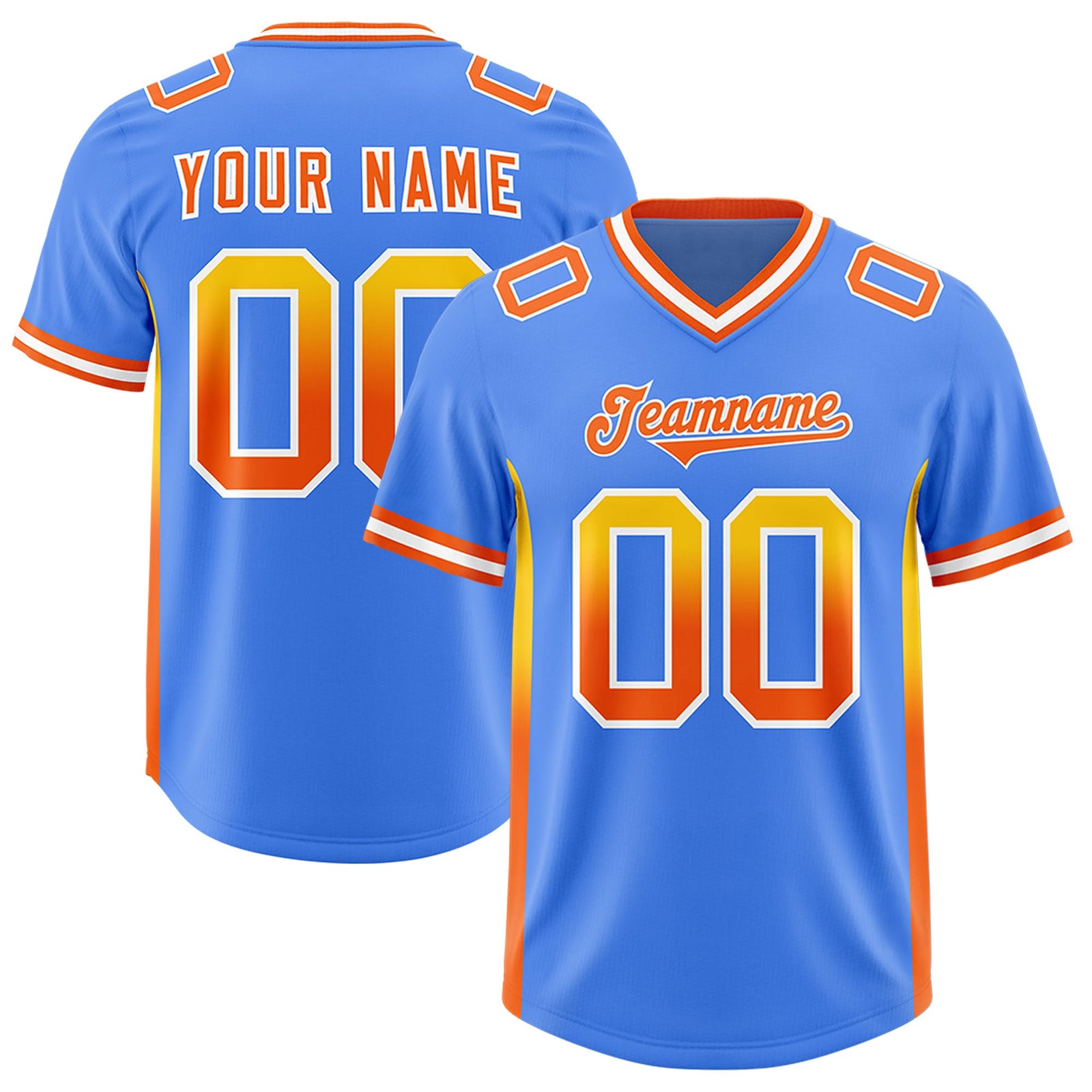 Custom Powder Blue Gold and  Sides Gradient Fashion Personalized Team Football Jersey