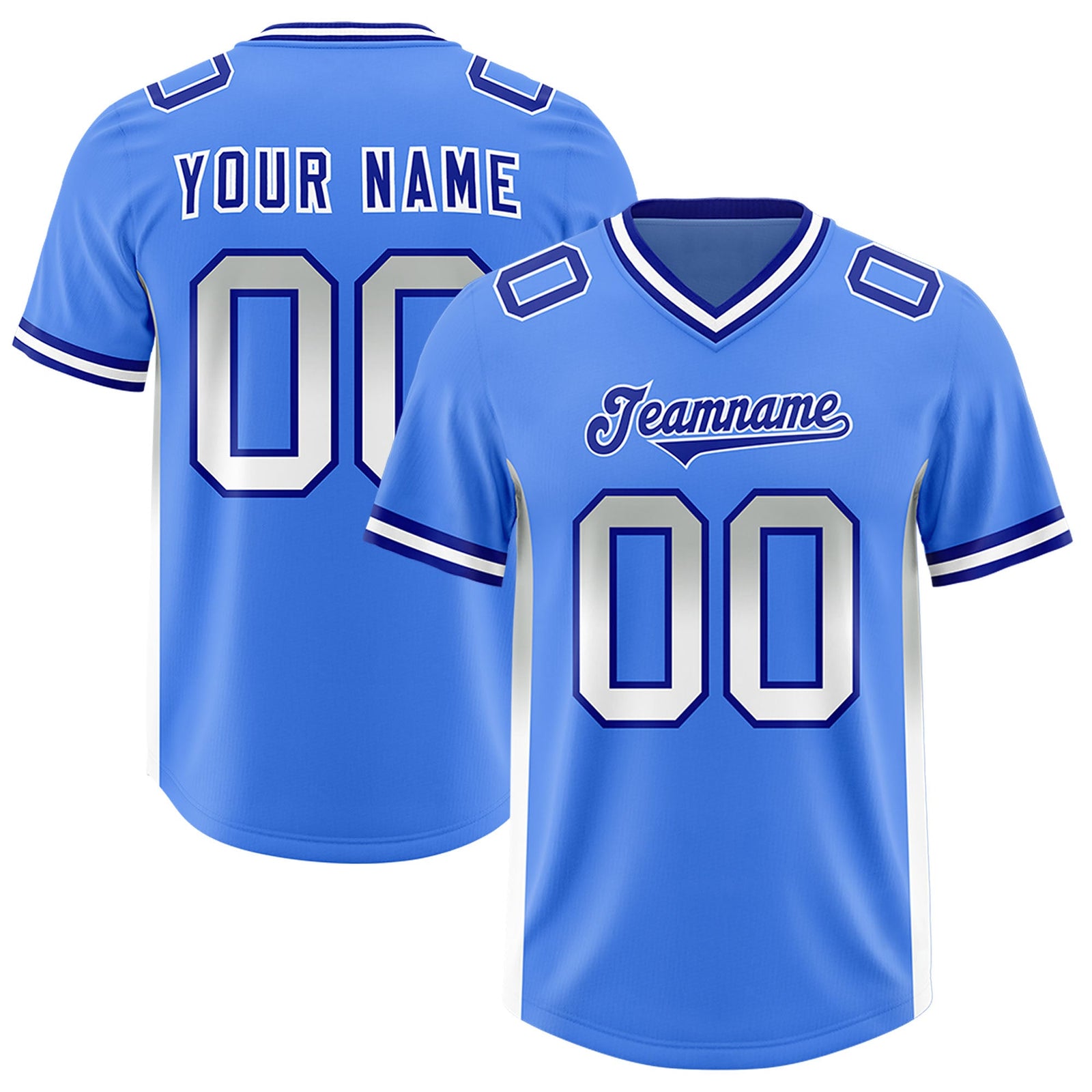 Custom Powder Blue Gray and White Sides Gradient Fashion Personalized Team Football Jersey