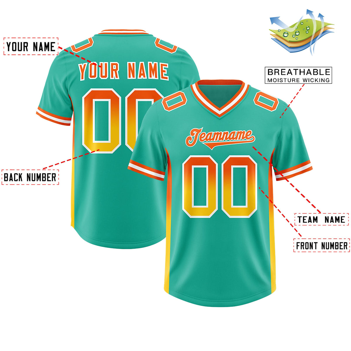 Custom Bright Green Orange and Gold Sides Gradient Fashion Personalized Team Football Jersey