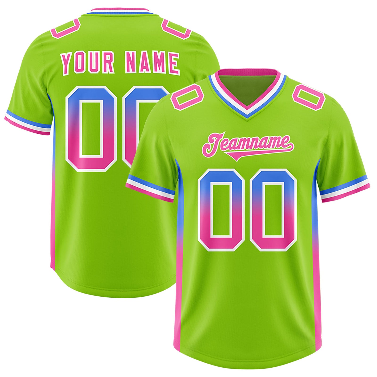 Custom Neon Green Powder Blue and Pink Sides Gradient Fashion Personalized Team Football Jersey