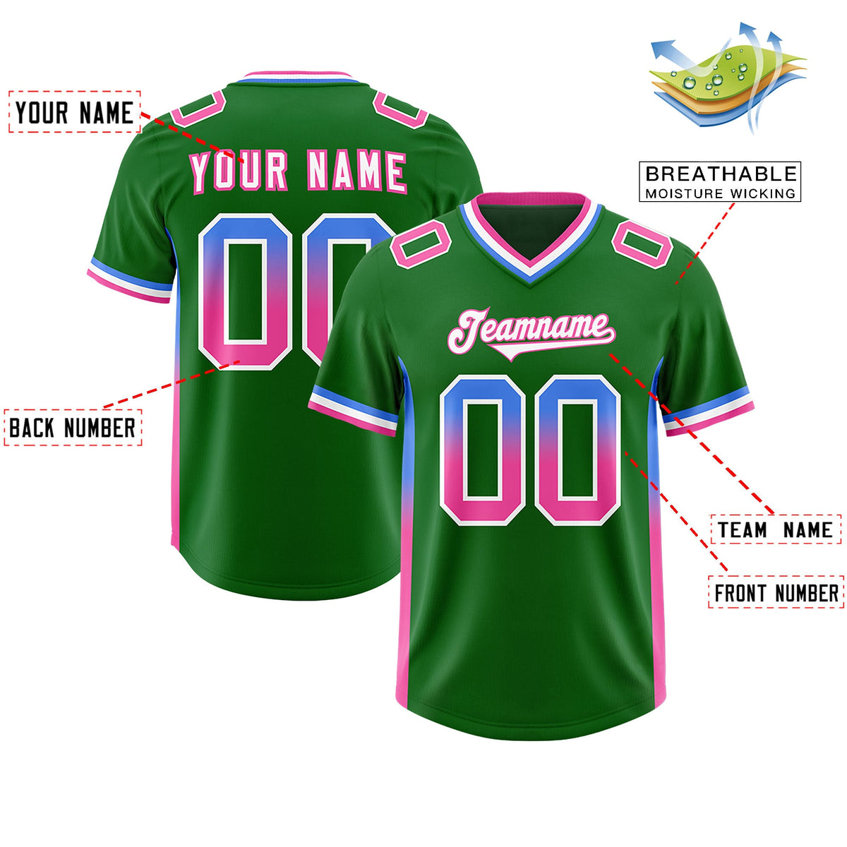 Custom Kelly Green Powder Blue and Pink Sides Gradient Fashion Personalized Team Football Jersey