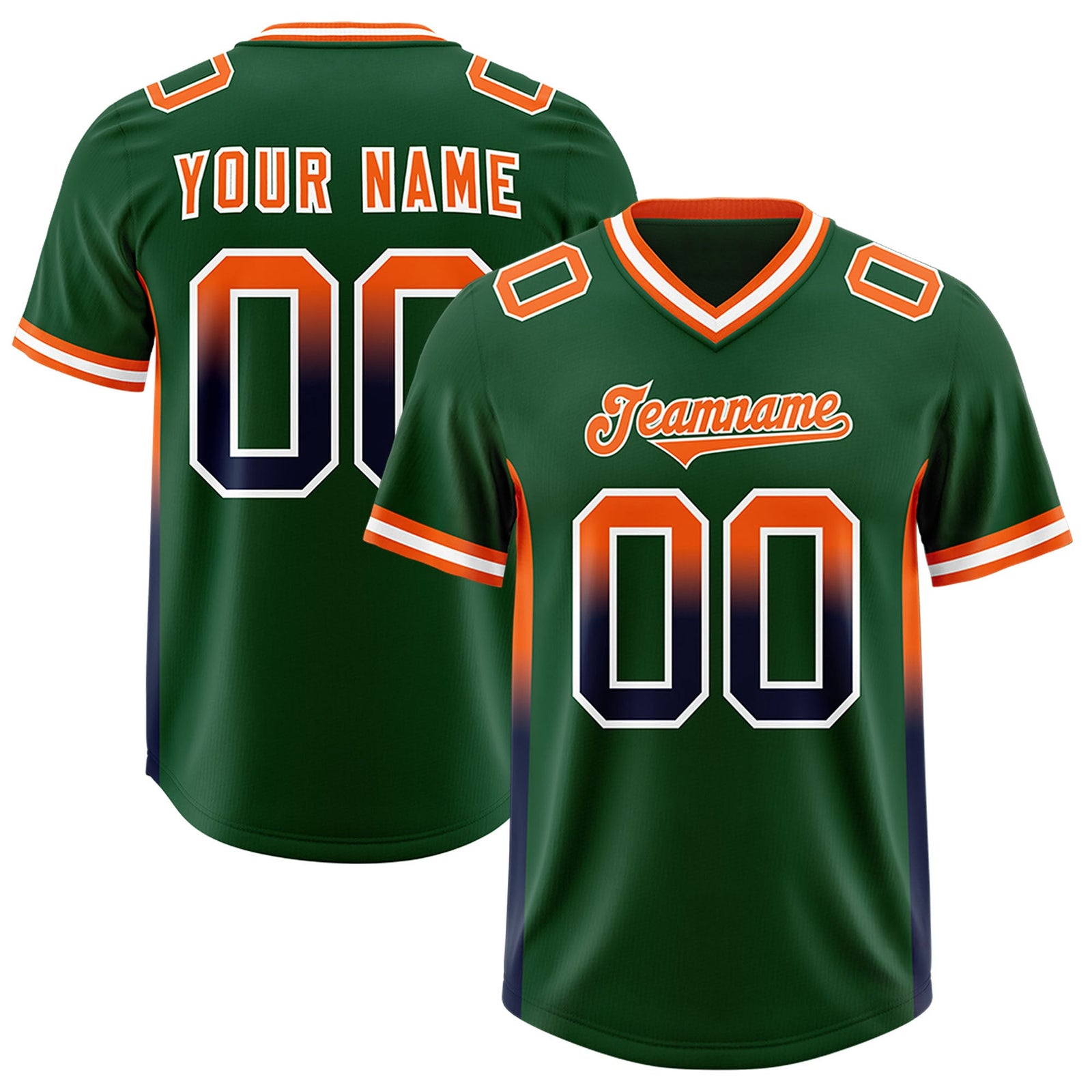 Custom Green Orange and Navy Sides Gradient Fashion Personalized Team Football Jersey