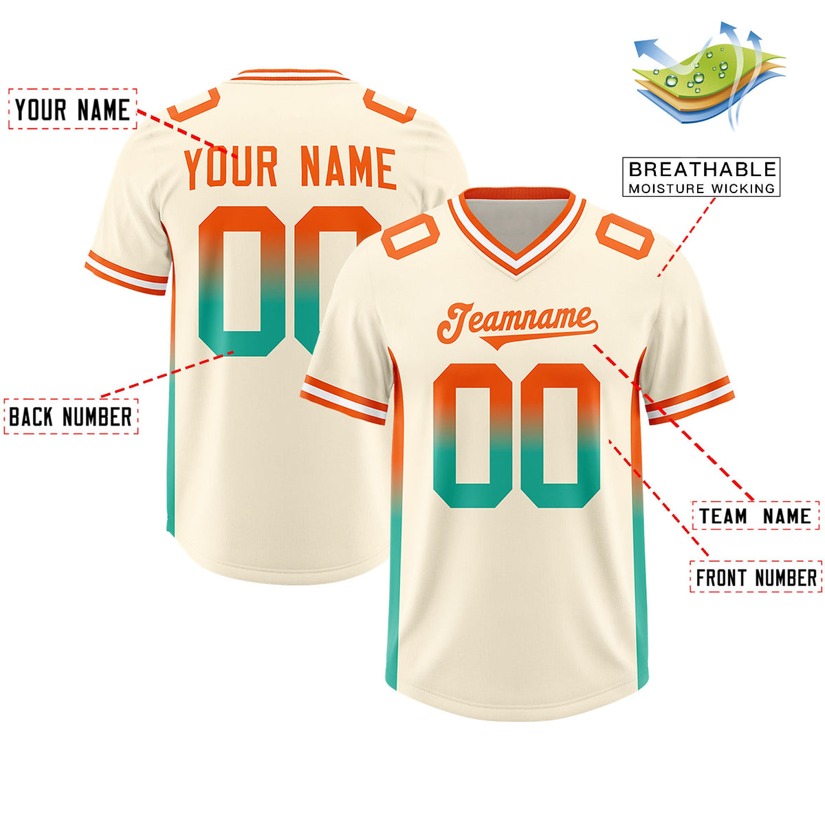 Custom Cream Orange and Bright Green Sides Gradient Fashion Personalized Team Football Jersey