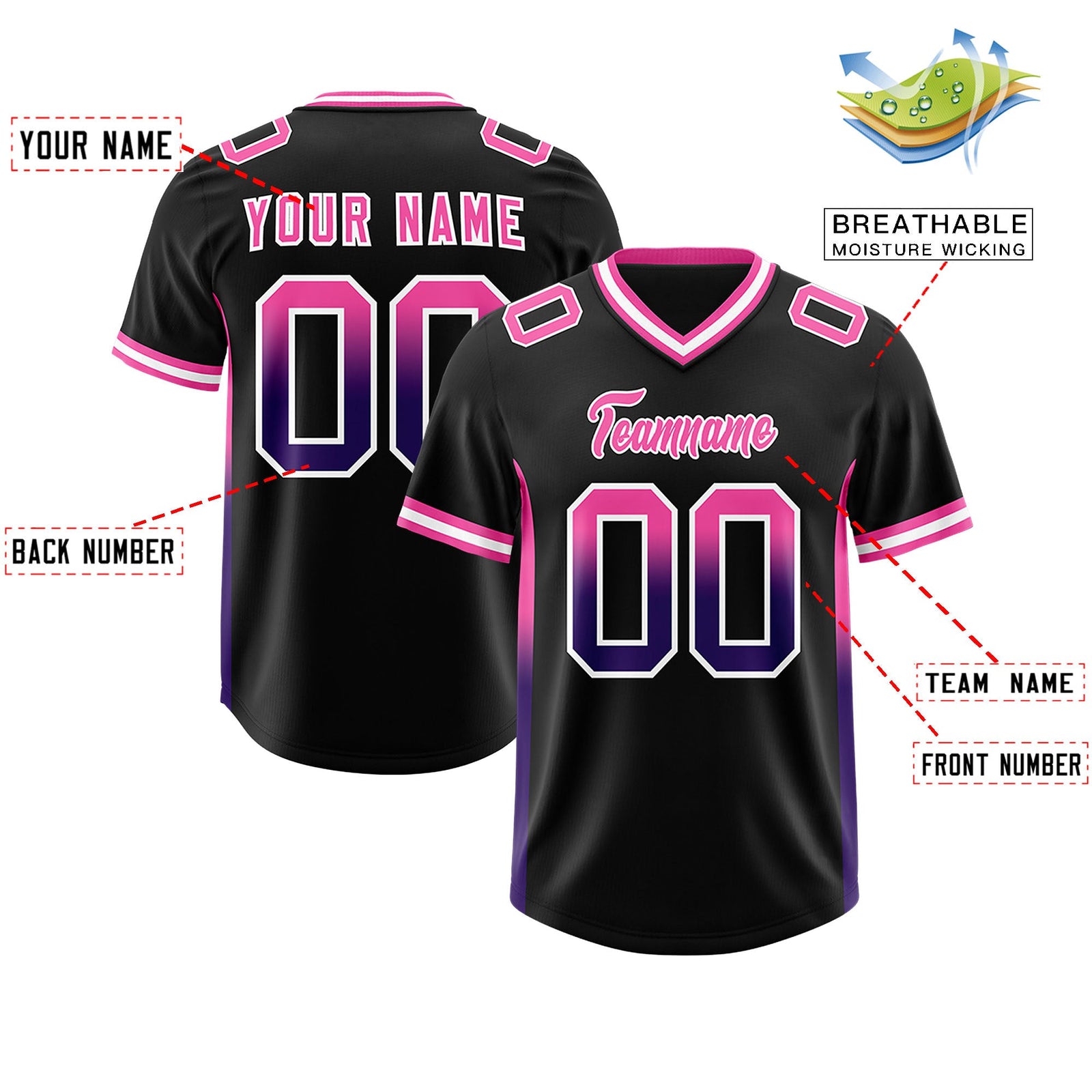 Custom Black Pink and Purple Sides Gradient Fashion Personalized Team Football Jersey