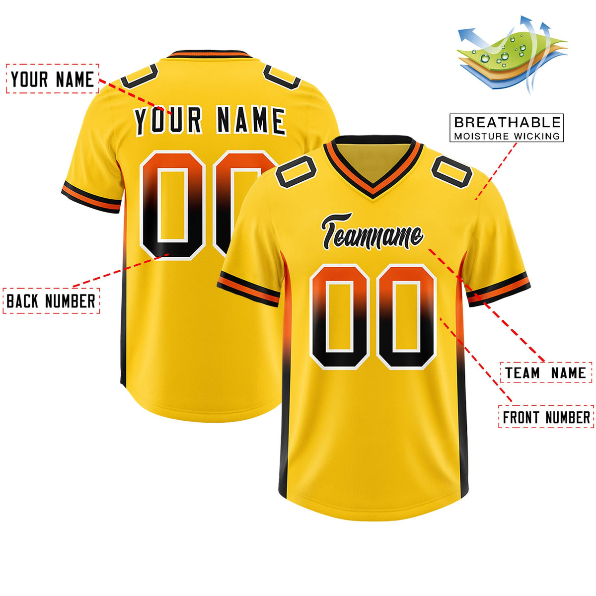 Custom Gold Orange and Black Sides Gradient Fashion Personalized Team Football Jersey