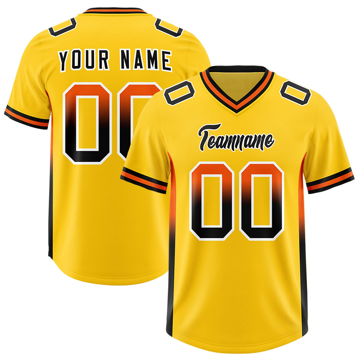 Custom Gold Orange and Black Sides Gradient Fashion Personalized Team Football Jersey