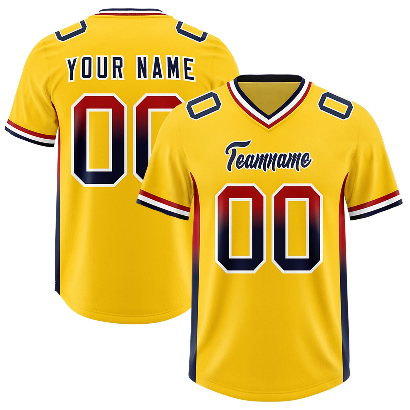 Custom Gold Red and Navy Sides Gradient Fashion Personalized Team Football Jersey