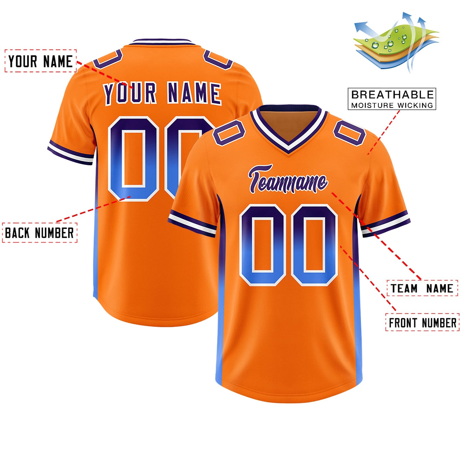 Custom Orange Purple and Powder Blue Sides Gradient Fashion Personalized Team Football Jersey