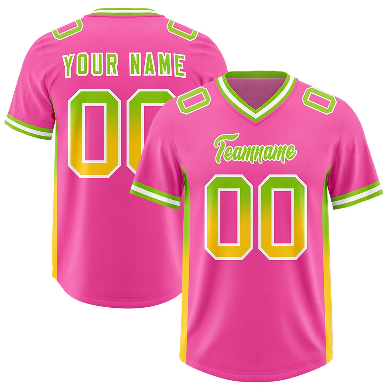 Custom Pink Neon Green and Gold Sides Gradient Fashion Personalized Team Football Jersey