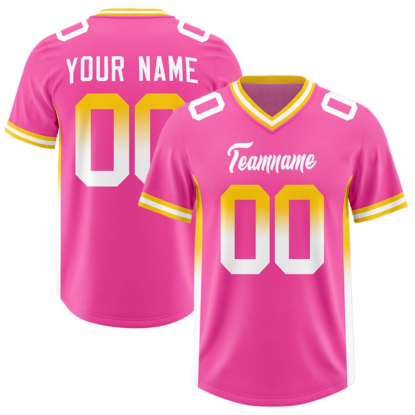 Custom Pink Gold Sides Gradient Fashion Personalized Team Football Jersey