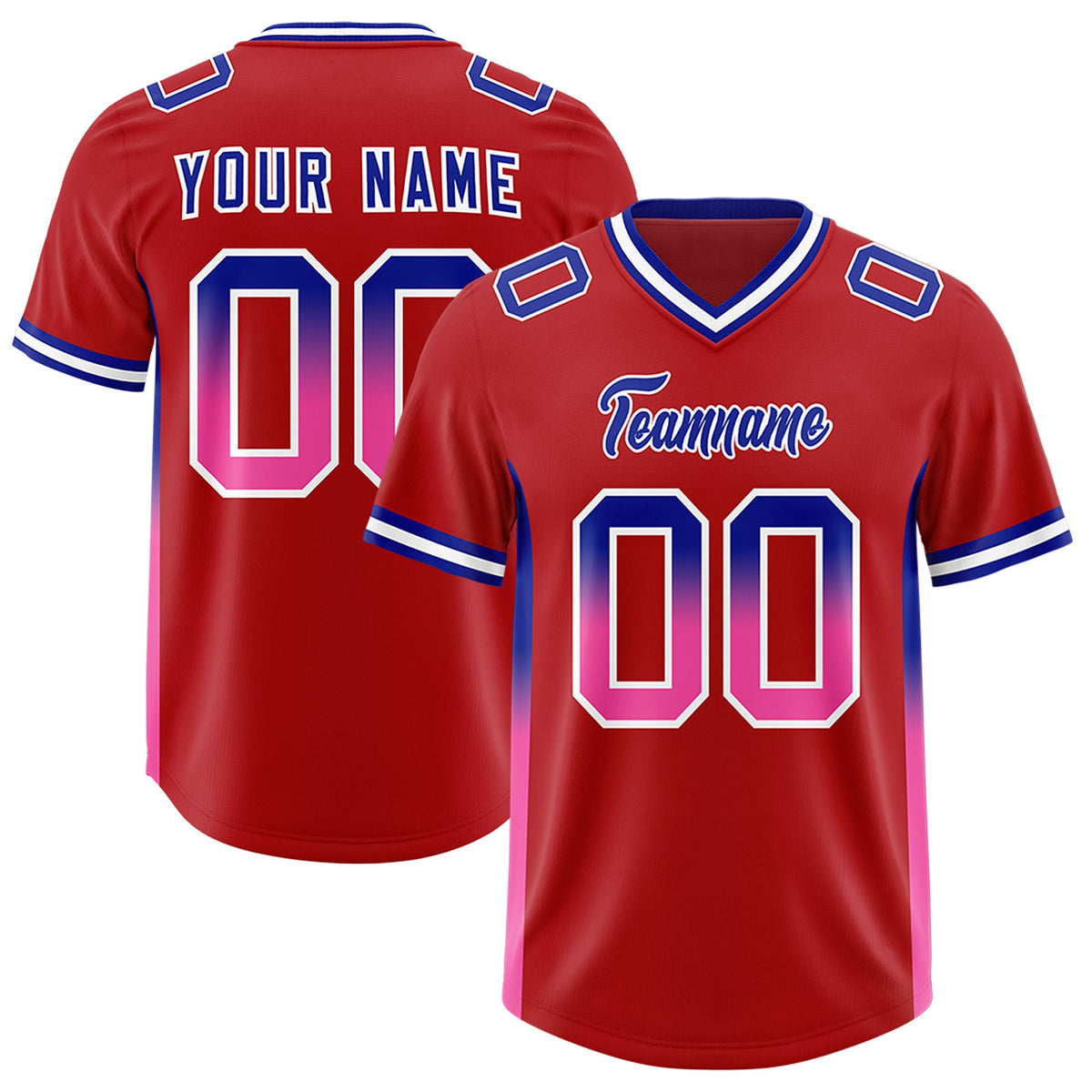 Custom Red Royal and Pink Sides Gradient Fashion Personalized Team Football Jersey