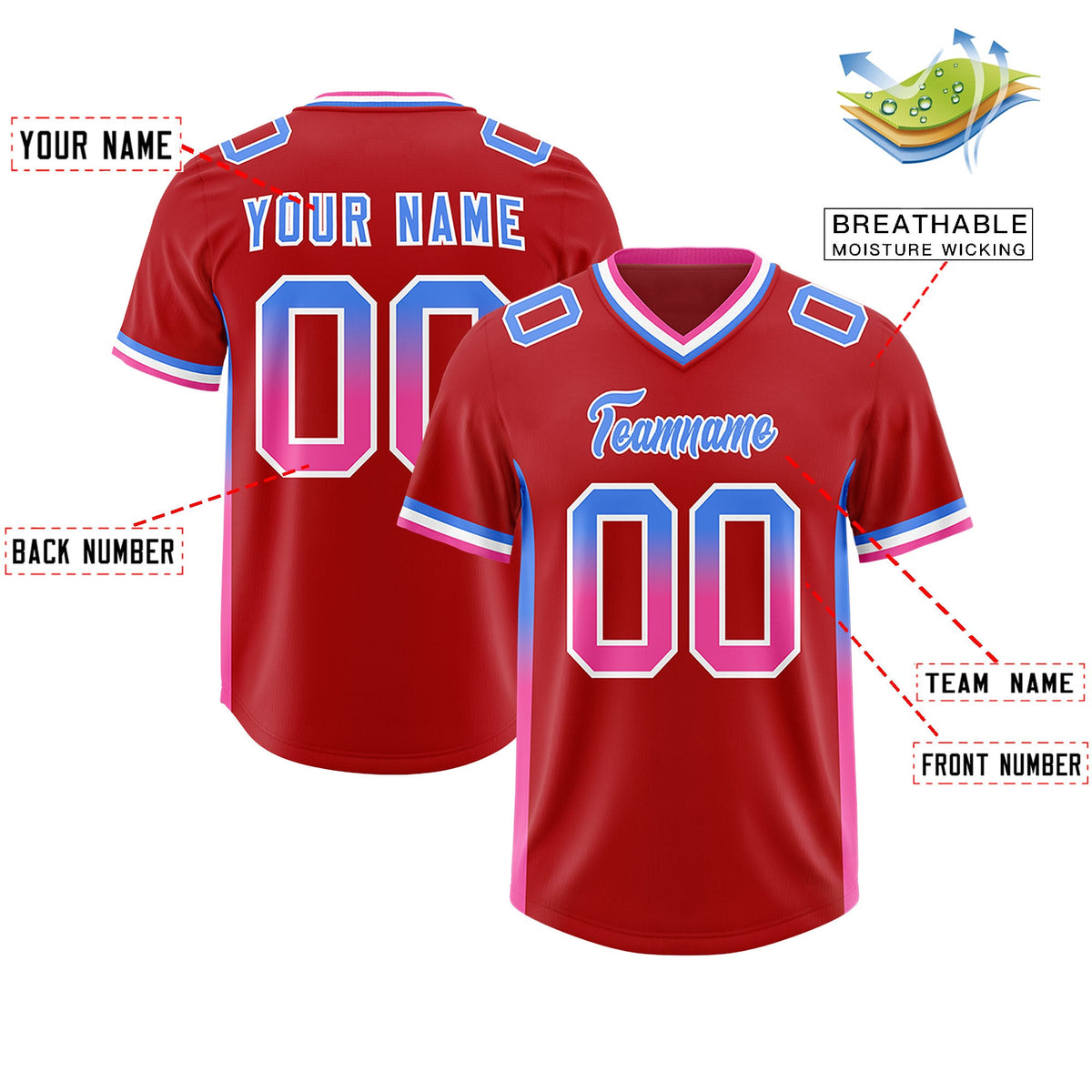 Custom Red Powder Blue and Pink Sides Gradient Fashion Personalized Team Football Jersey