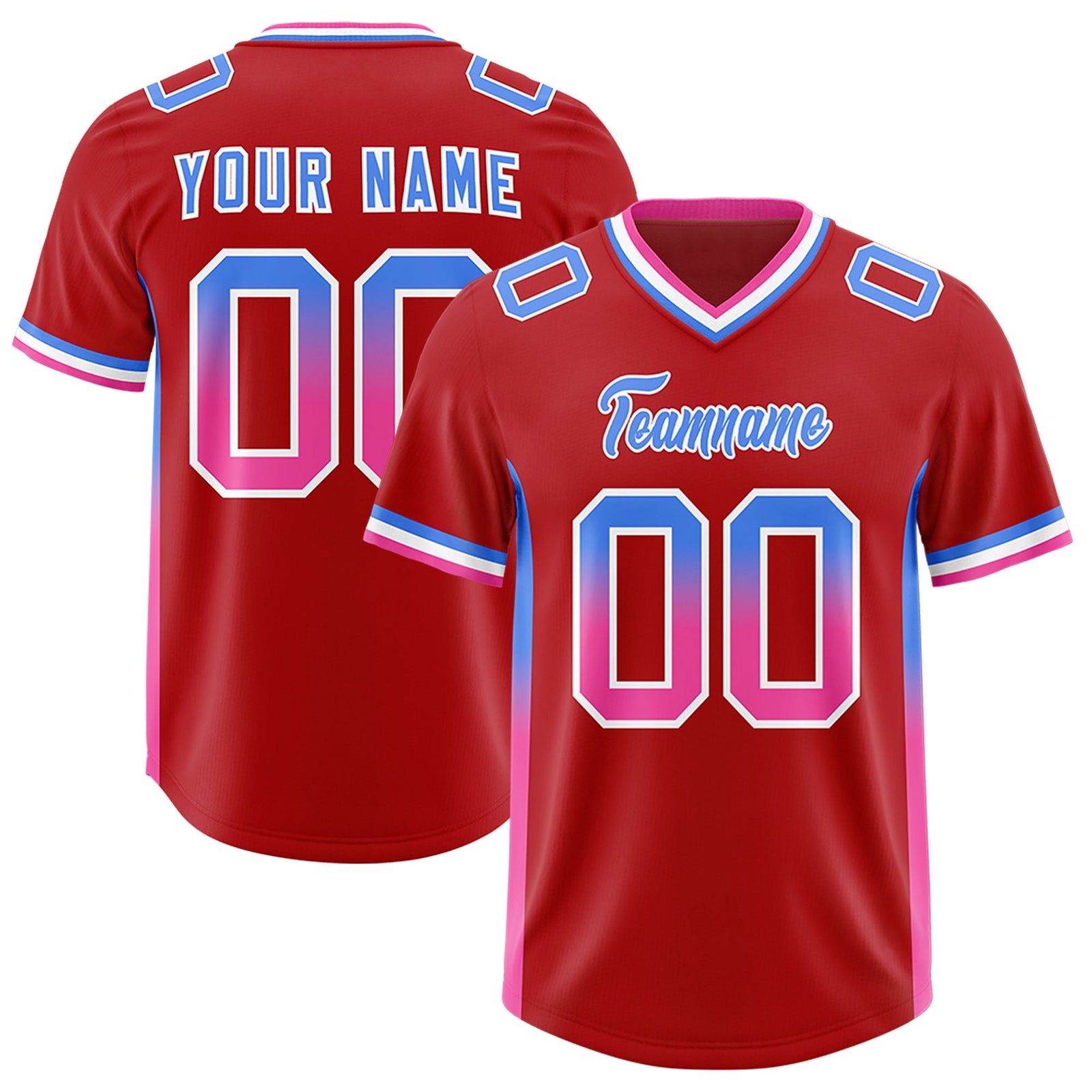 Custom Red Powder Blue and Pink Sides Gradient Fashion Personalized Team Football Jersey