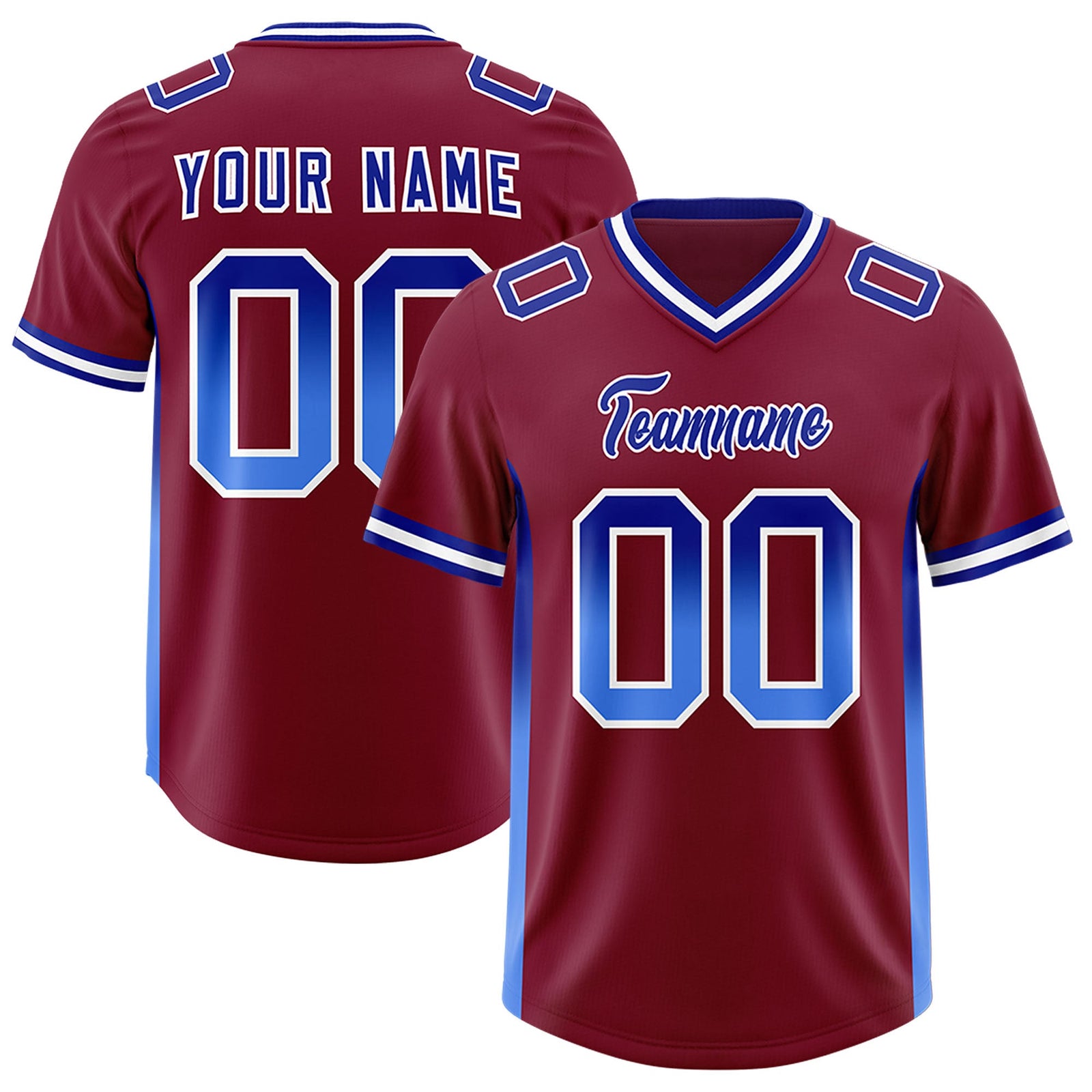 Custom Cardinal Royal and Powder Blue Sides Gradient Fashion Personalized Team Football Jersey