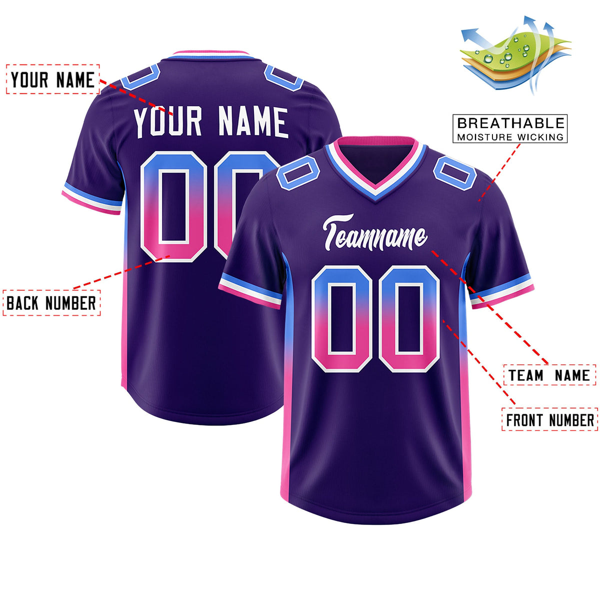 Custom Purple Powder Blue and Pink Sides Gradient Fashion Personalized Team Football Jersey