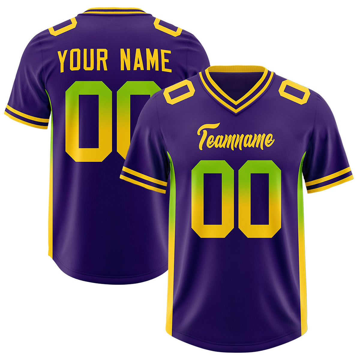 Custom Purple Neon Green and Gold Sides Gradient Fashion Personalized Team Football Jersey