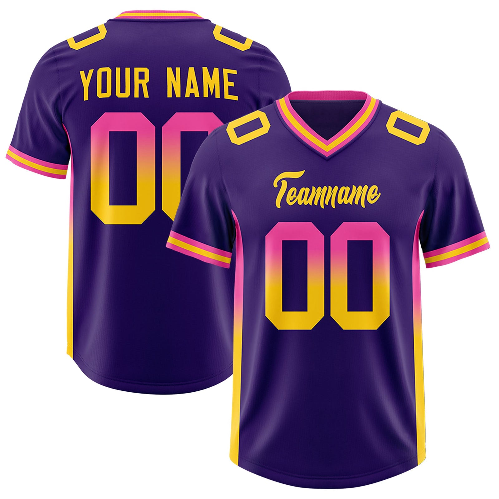 Custom Purple Pink and Gold Sides Gradient Fashion Personalized Team Football Jersey