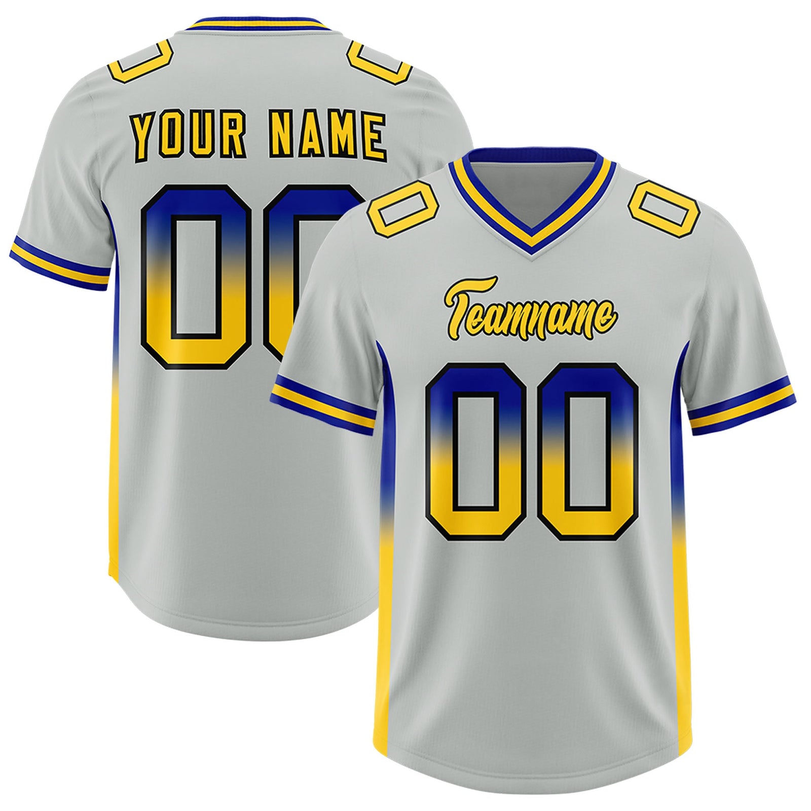 Custom Gray Royal and Gold Sides Gradient Fashion Personalized Team Football Jersey