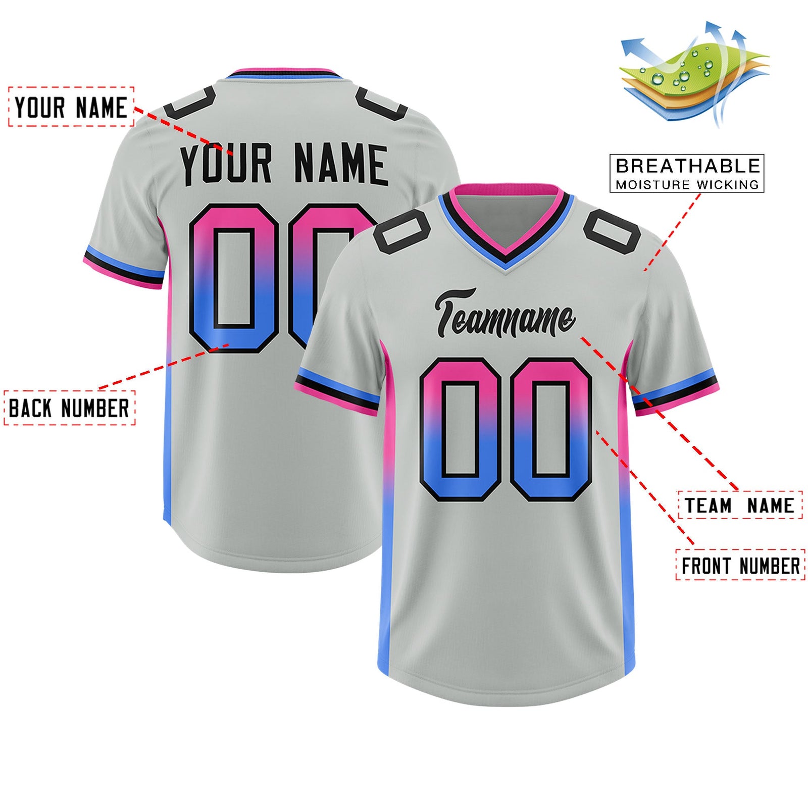 Custom Gray Pink and Powder Blue Sides Gradient Fashion Personalized Team Football Jersey