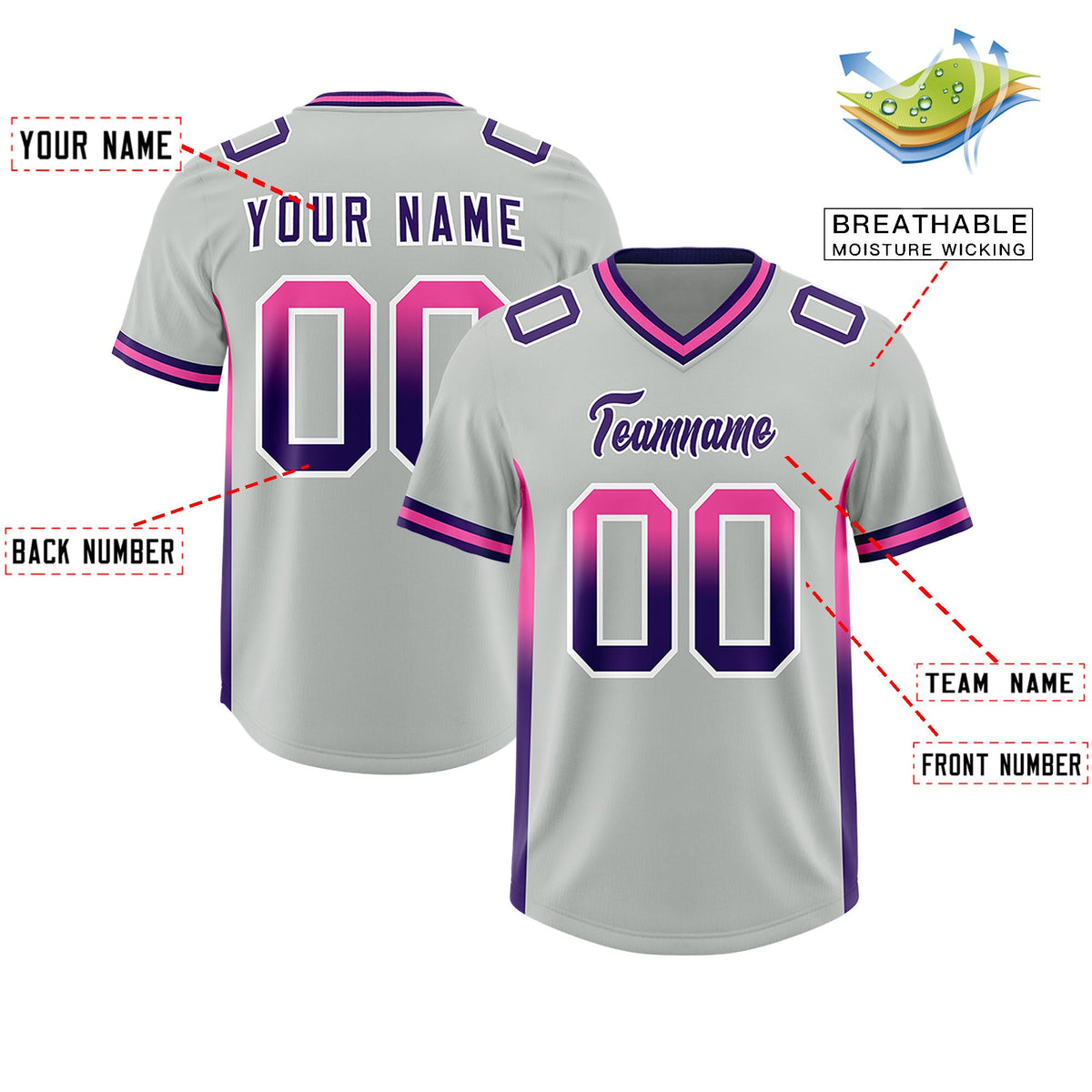 Custom Gray Pink and Purple Sides Gradient Fashion Personalized Team Football Jersey