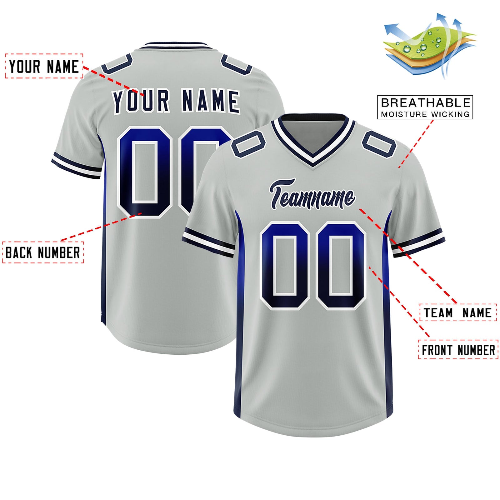 Custom Gray Royal and Navy Sides Gradient Fashion Personalized Team Football Jersey