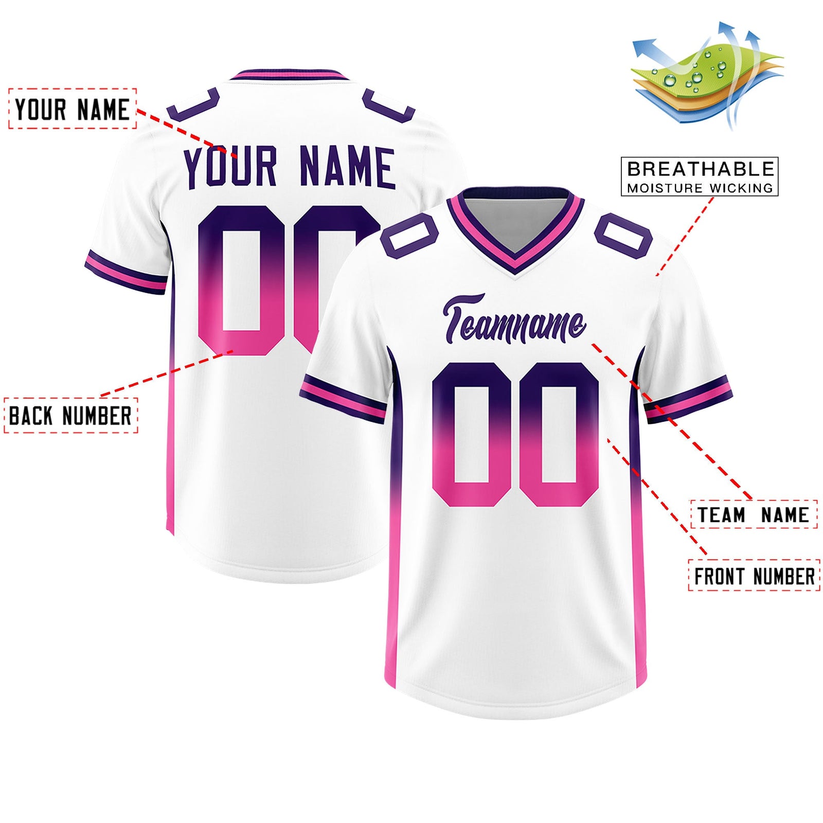 Custom White Purple and Pink Sides Gradient Fashion Personalized Team Football Jersey