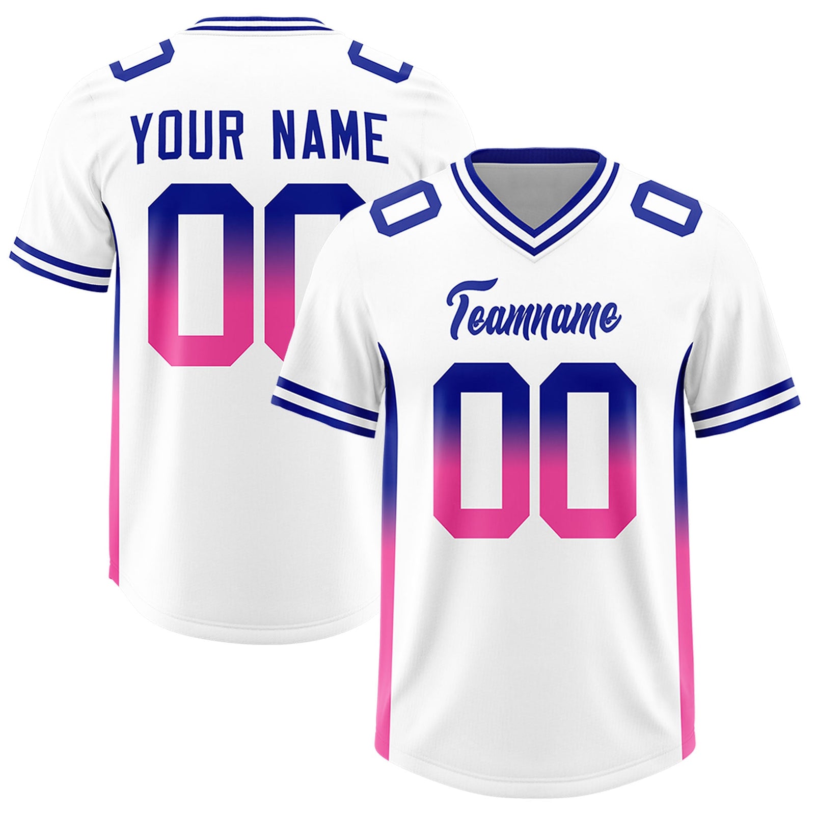 Custom White Royal and Pink Sides Gradient Fashion Personalized Team Football Jersey