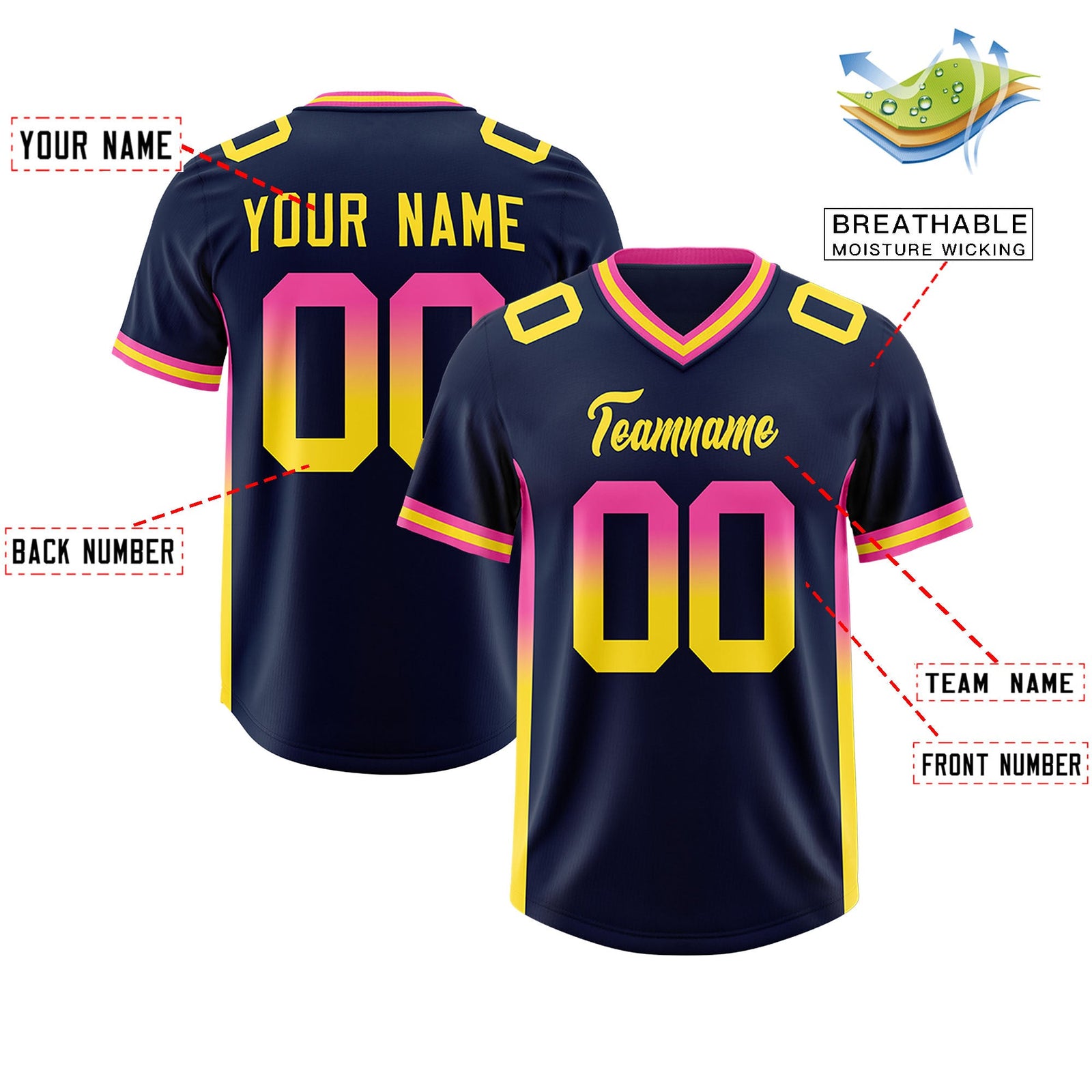 Custom Navy Pink and Gold Sides Gradient Fashion Personalized Team Football Jersey