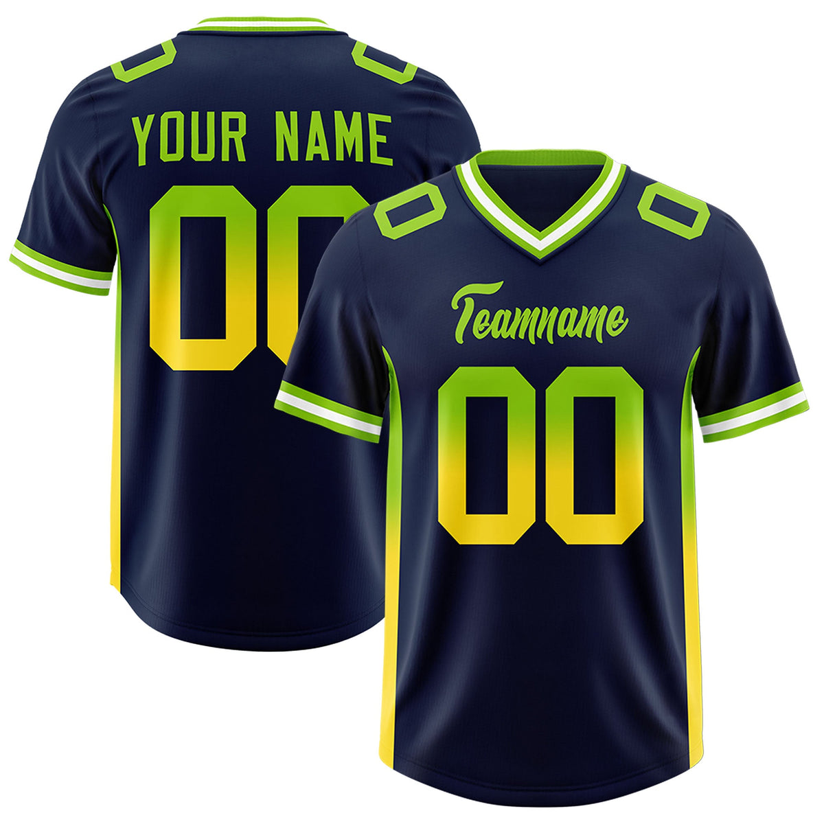 Custom Navy Neon Green and Gold Sides Gradient Fashion Personalized Team Football Jersey