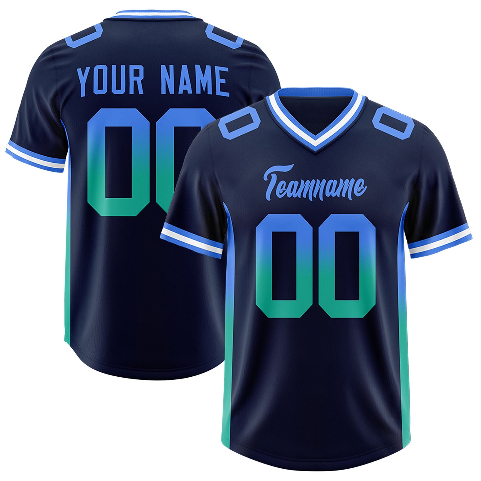 Custom Navy Powder Blue and Bright Green Sides Gradient Fashion Personalized Team Football Jersey