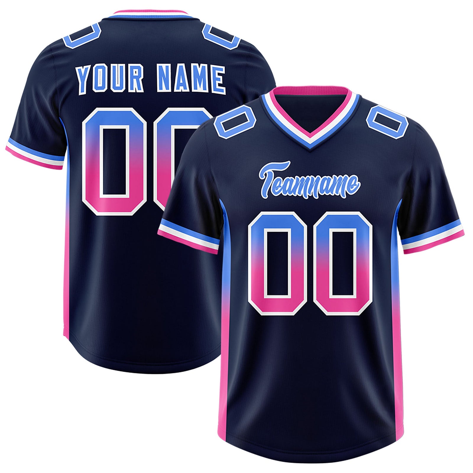Custom Navy Powder Blue and Pink Sides Gradient Fashion Personalized Team Football Jersey