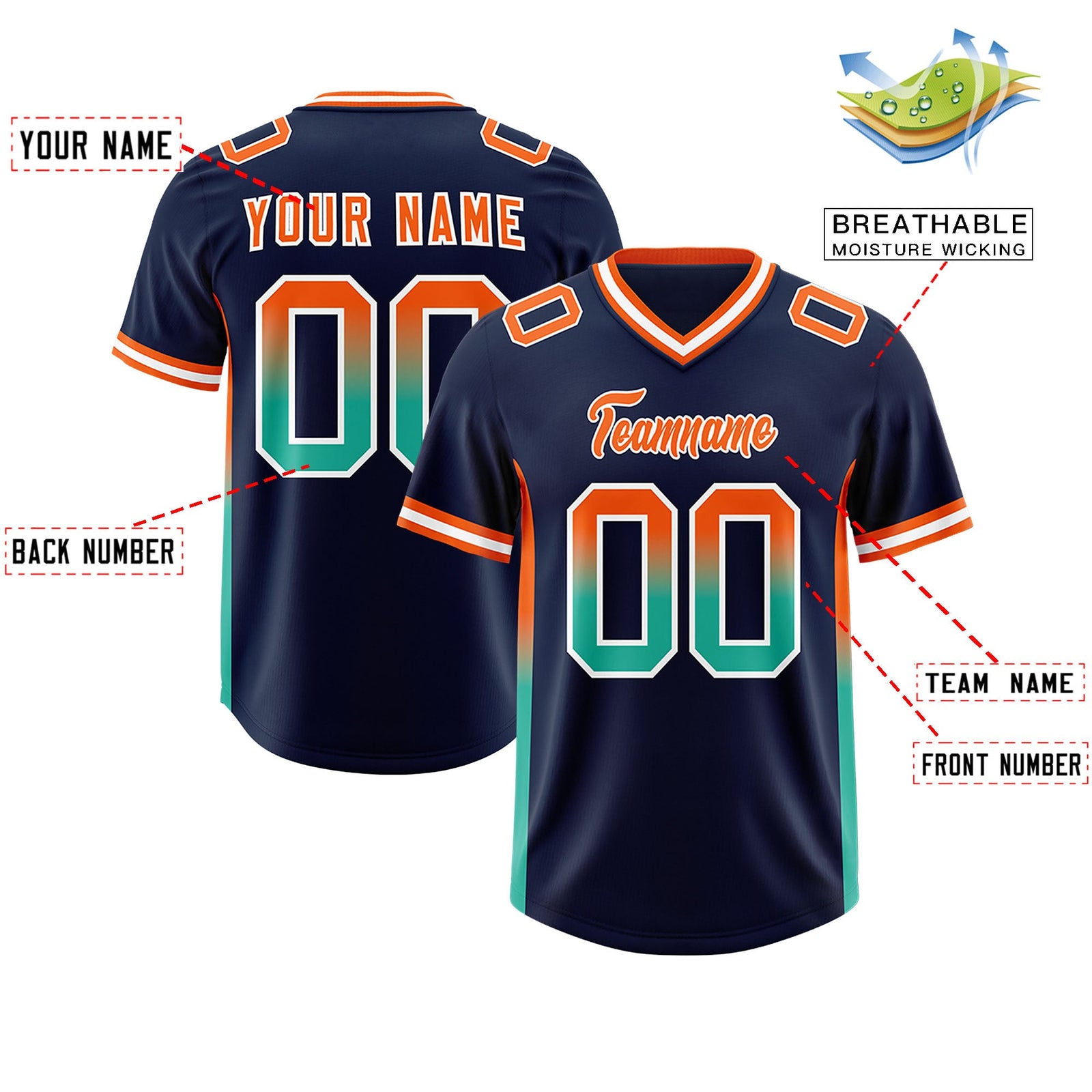 Custom Navy Orange and Bright Green Sides Gradient Fashion Personalized Team Football Jersey
