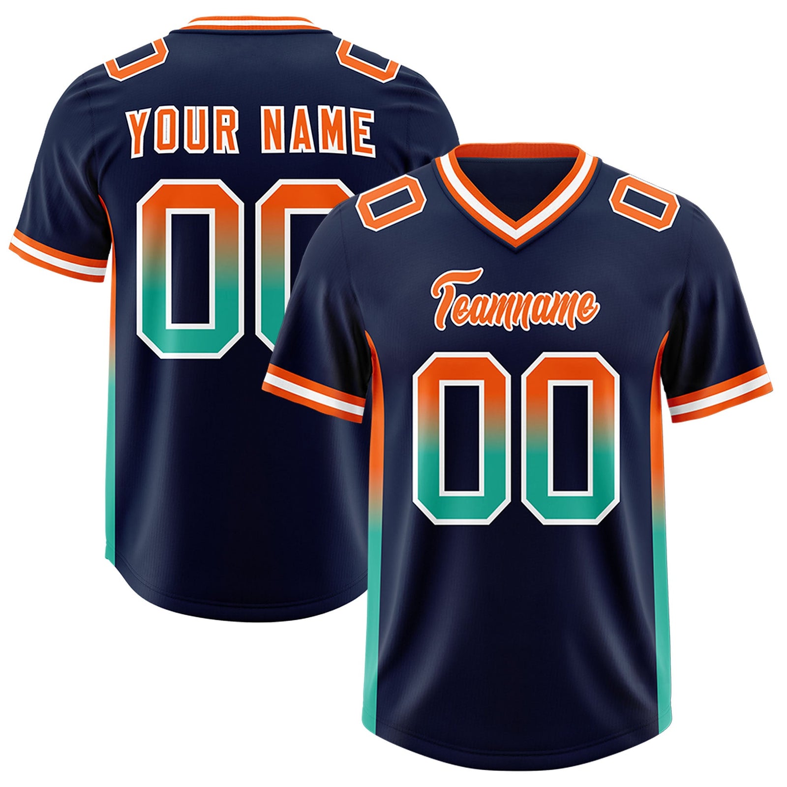 Custom Navy Orange and Bright Green Sides Gradient Fashion Personalized Team Football Jersey