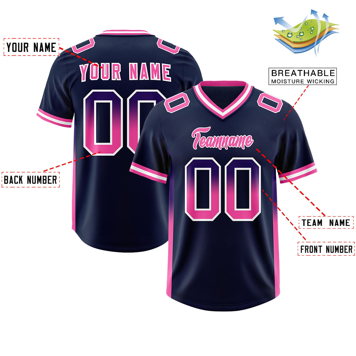 Custom Navy Purple and Pink Sides Gradient Fashion Personalized Team Football Jersey