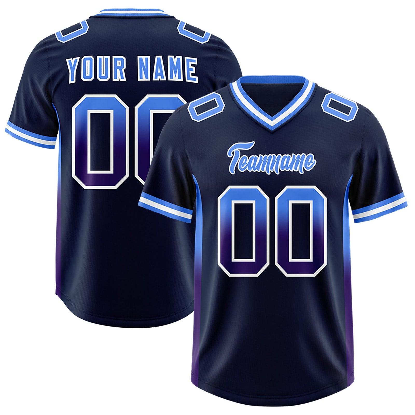 Custom Navy Powder Blue and Purple Sides Gradient Fashion Personalized Team Football Jersey