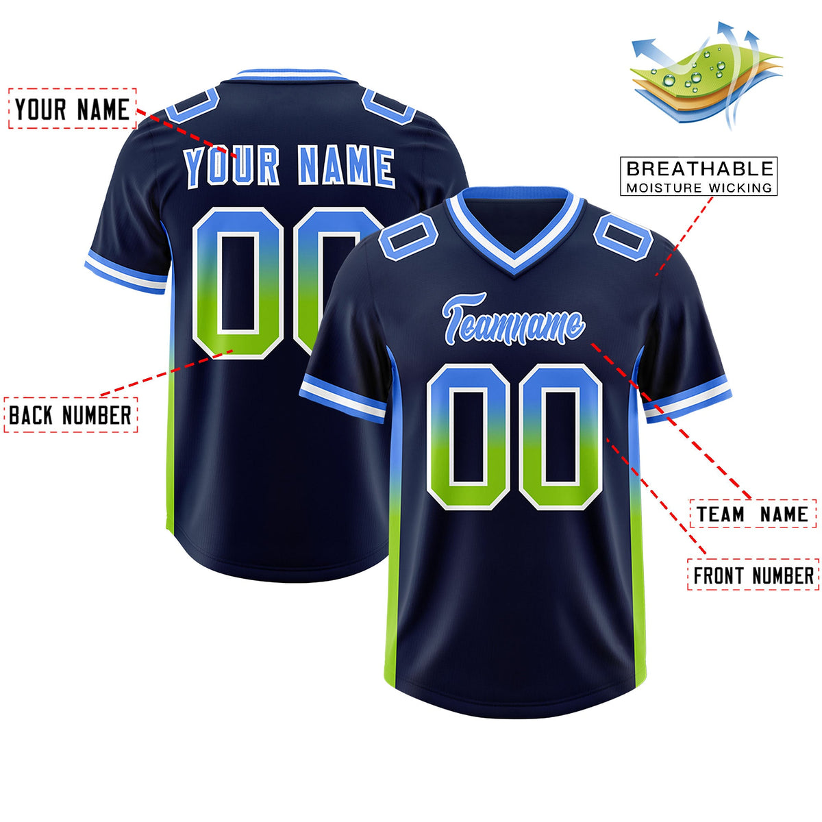 Custom Navy Powder Blue and Neon Green Sides Gradient Fashion Personalized Team Football Jersey