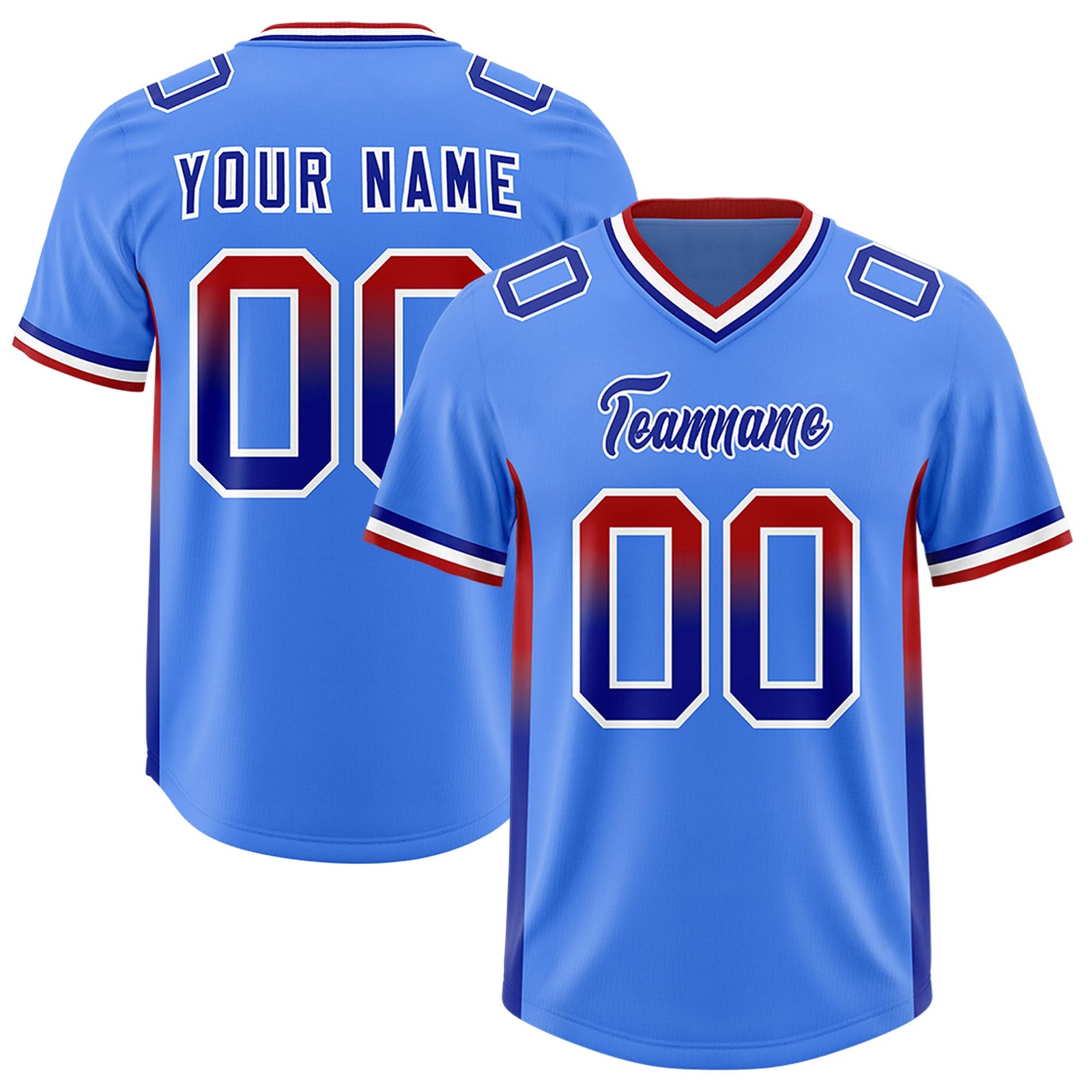 Custom Powder Blue Red and Royal Sides Gradient Fashion Personalized Team Football Jersey