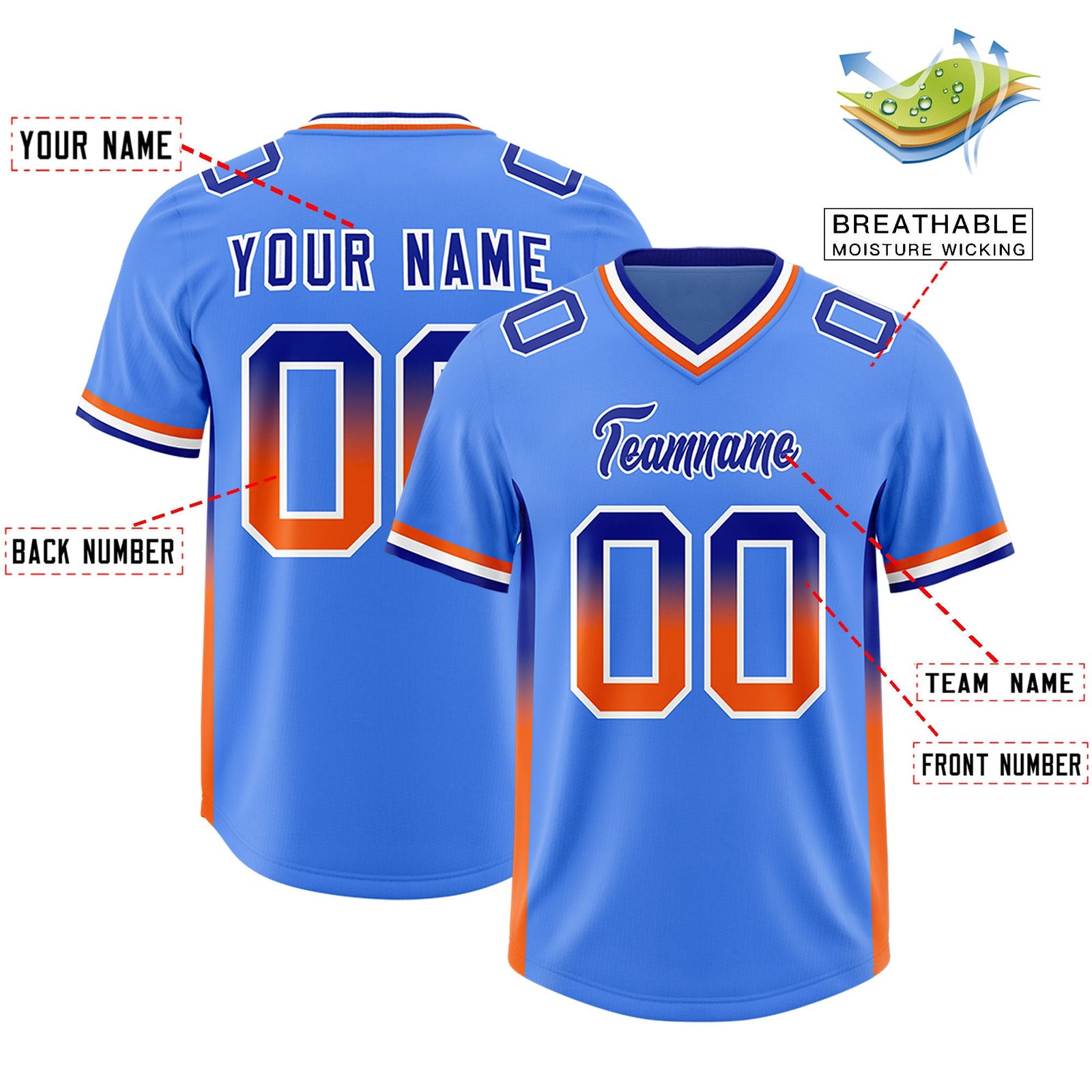 Custom Powder Blue Royal and Orange Sides Gradient Fashion Personalized Team Football Jersey