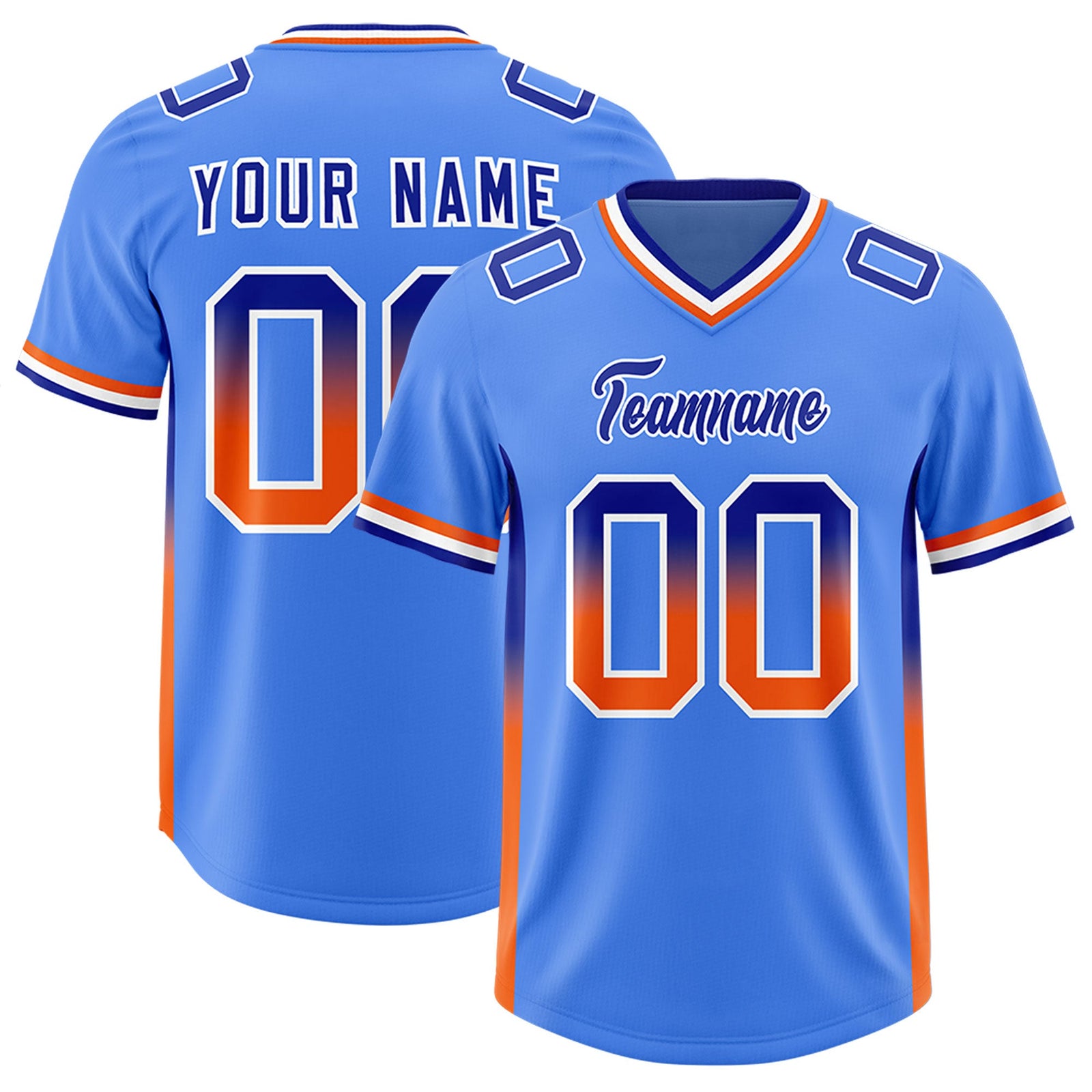 Custom Powder Blue Royal and Orange Sides Gradient Fashion Personalized Team Football Jersey