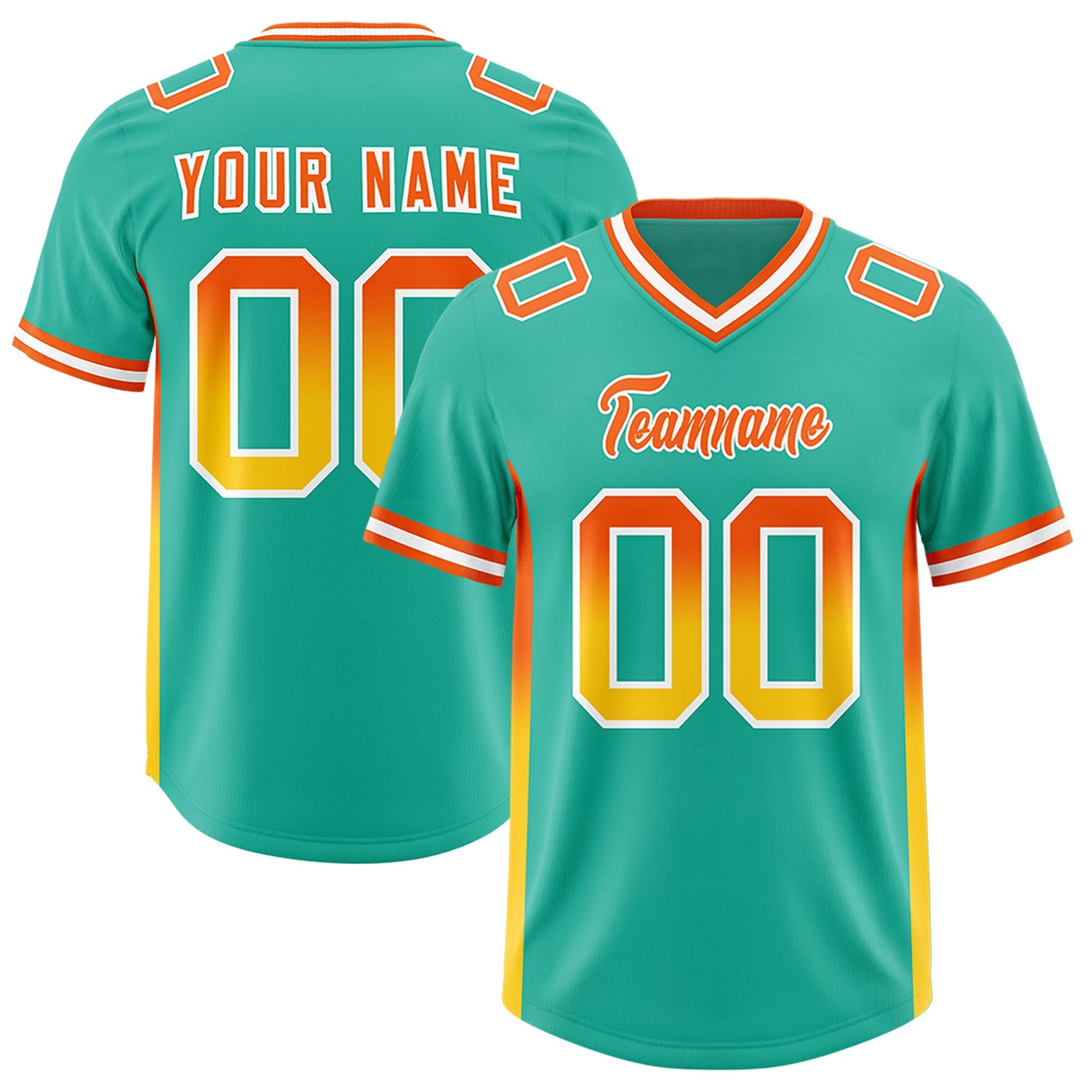 Custom Bright Green Orange and Gold Sides Gradient Fashion Personalized Team Football Jersey