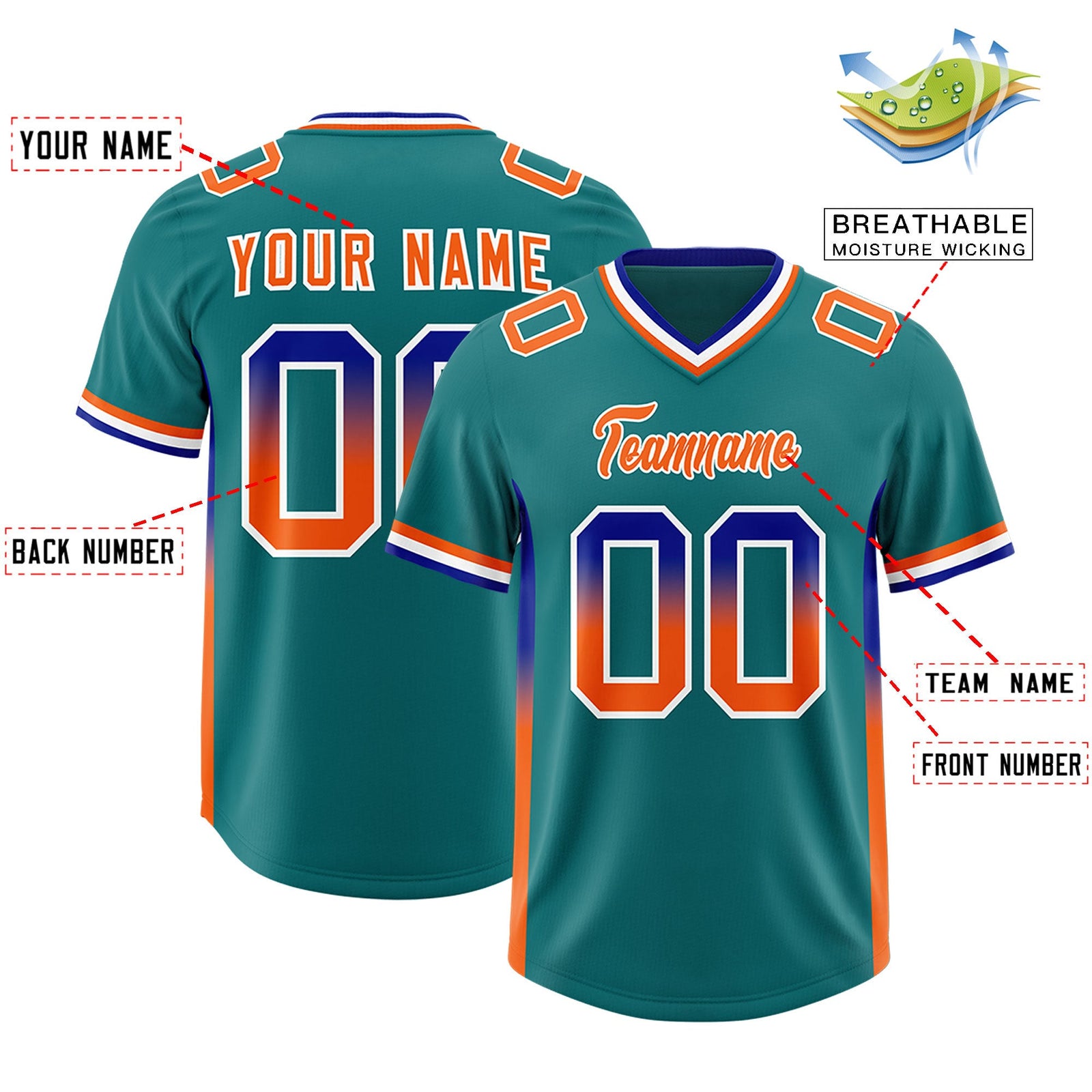 Custom Aqua Royal and Orange Sides Gradient Fashion Personalized Team Football Jersey