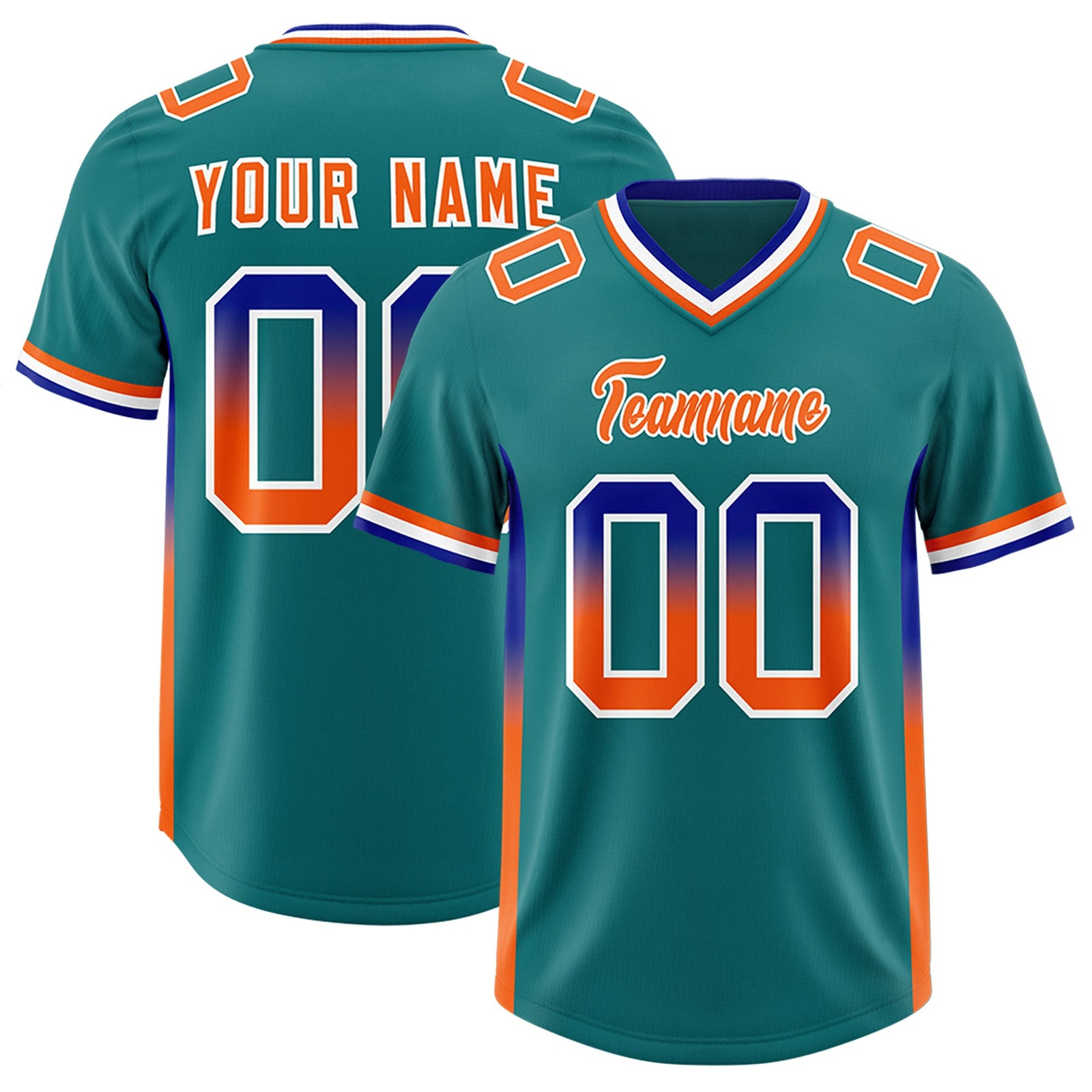 Custom Aqua Royal and Orange Sides Gradient Fashion Personalized Team Football Jersey