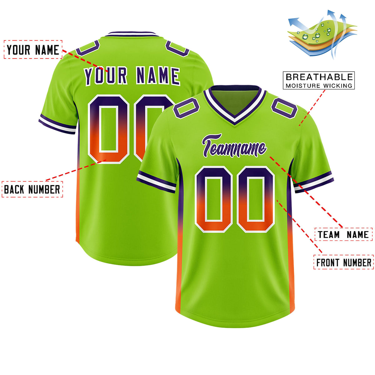 Custom Neon Green Purple and Orange Sides Gradient Fashion Personalized Team Football Jersey