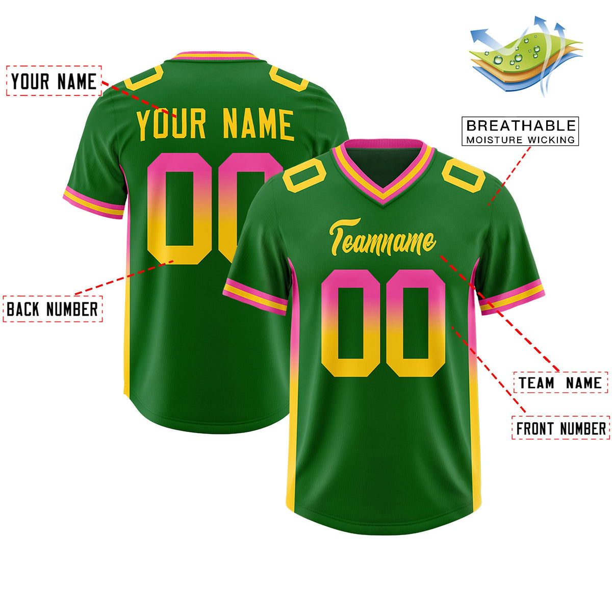 Custom Kelly Green Pink and Gold Sides Gradient Fashion Personalized Team Football Jersey