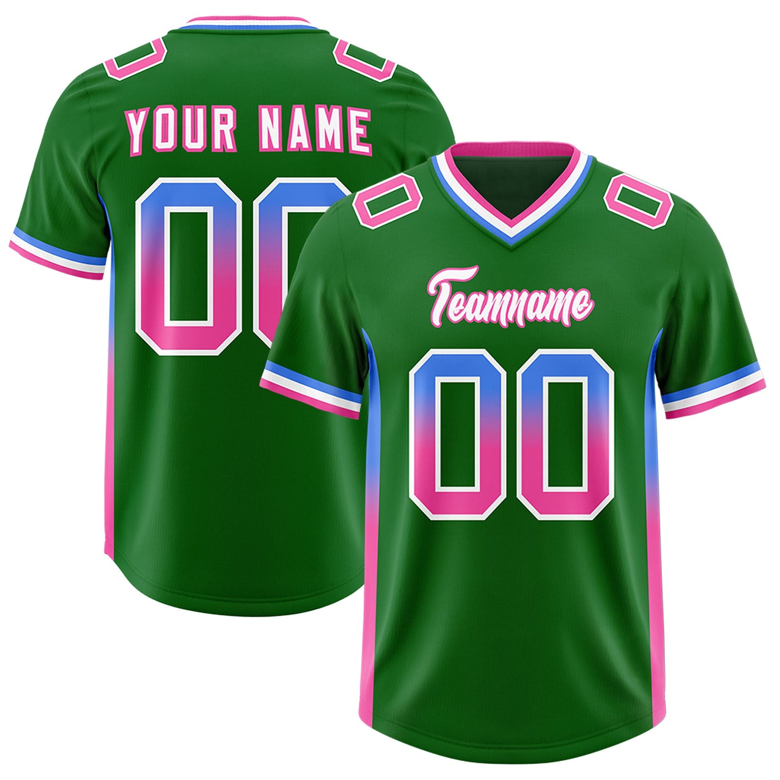 Custom Kelly Green Powder Blue and Pink Sides Gradient Fashion Personalized Team Football Jersey