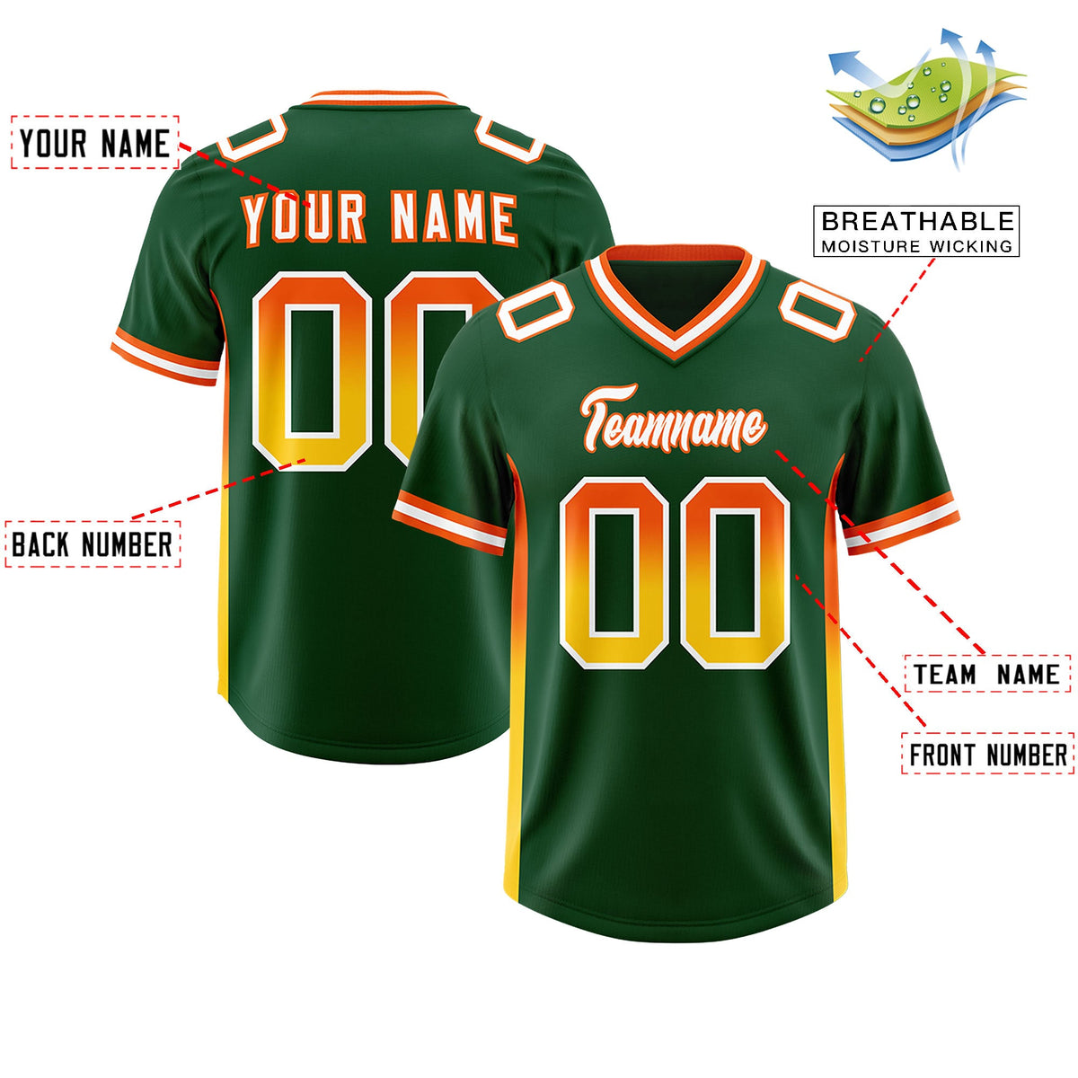 Custom Green Orange and Gold Sides Gradient Fashion Personalized Team Football Jersey