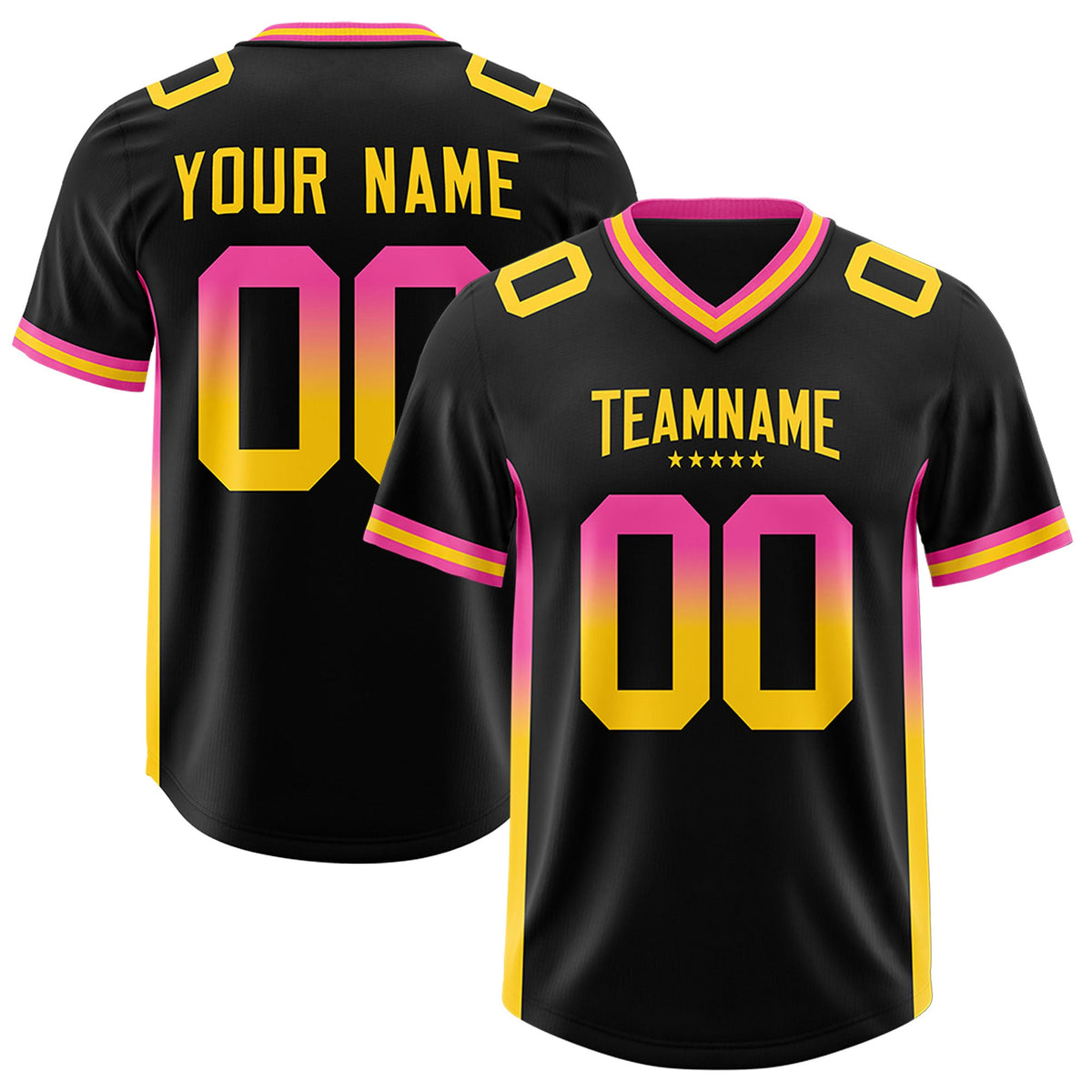 Custom Black Pink and Gold Sides Gradient Fashion Personalized Team Football Jersey