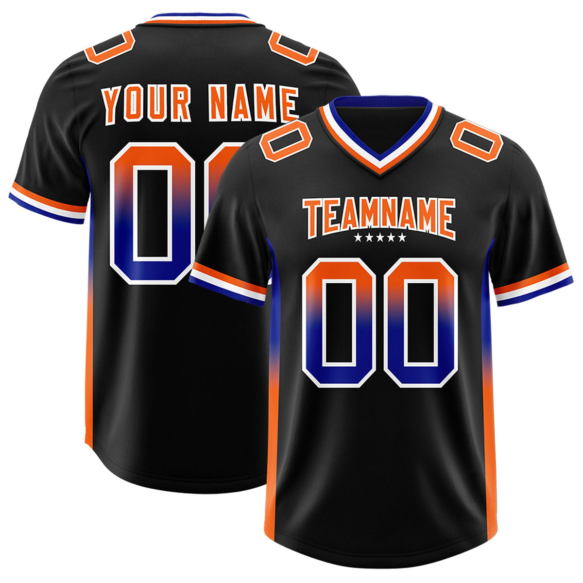 Custom Black Royal and Orange Sides Gradient Fashion Personalized Team Football Jersey
