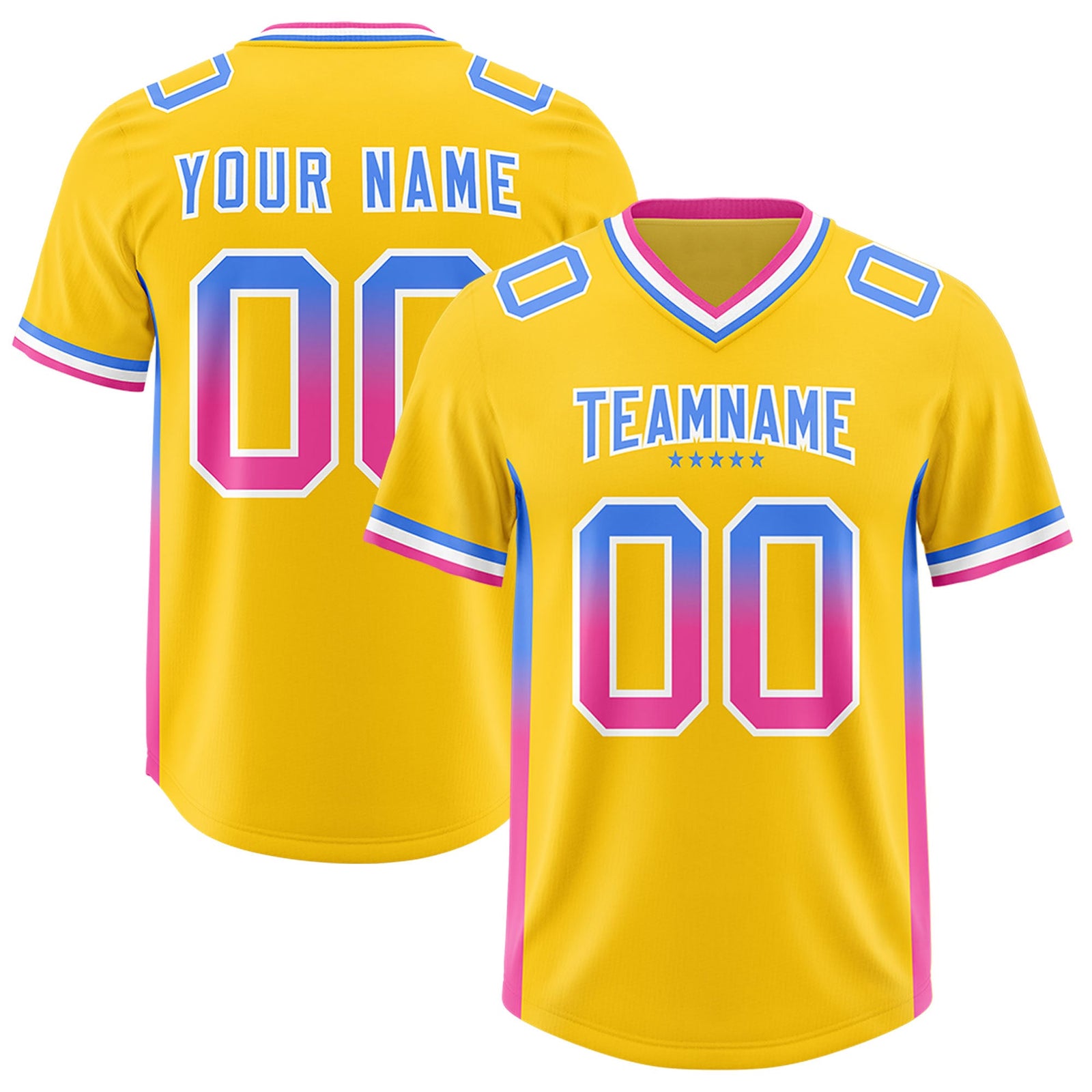 Custom Gold Powder Blue and Pink Sides Gradient Fashion Personalized Team Football Jersey