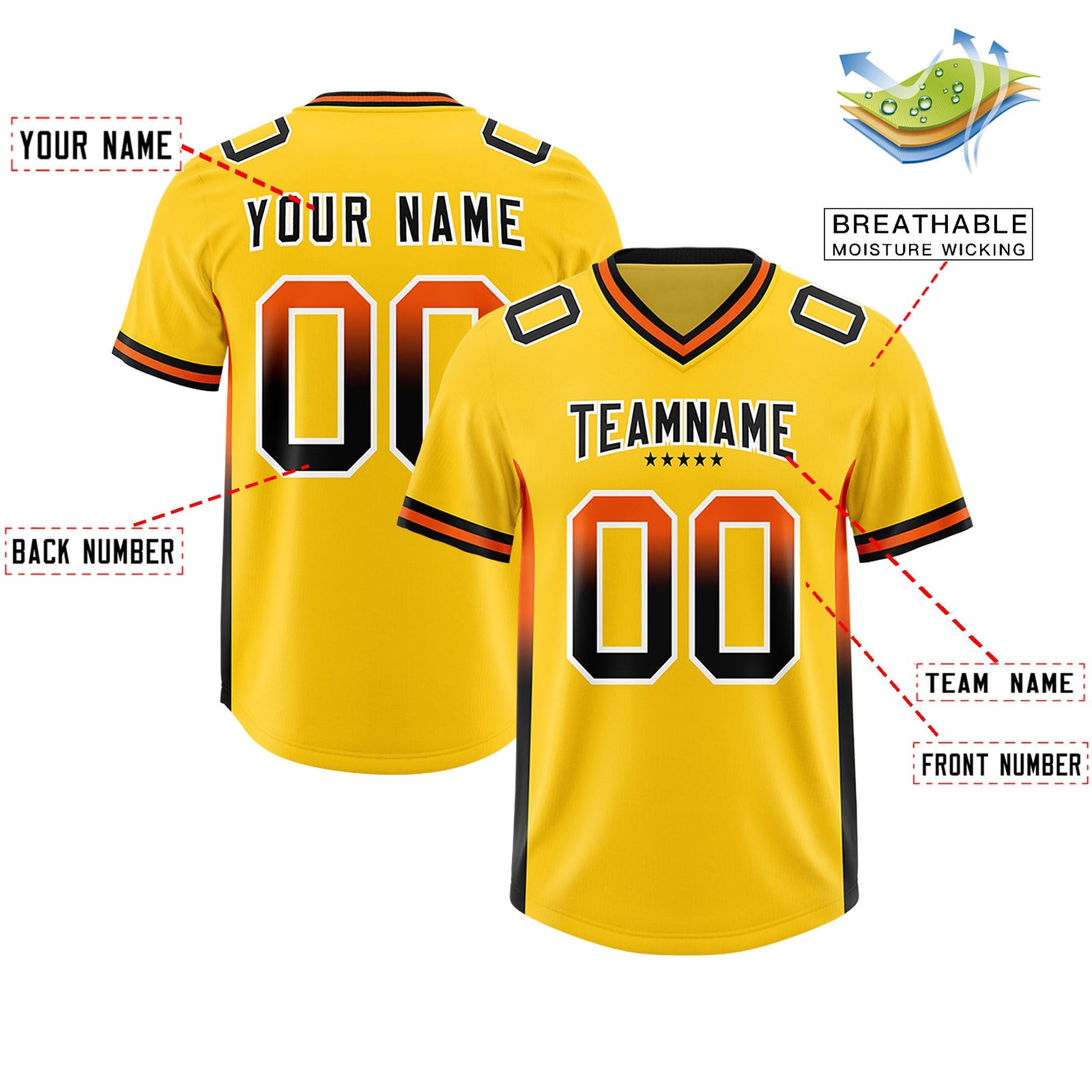 Custom Gold Orange and Black Sides Gradient Fashion Personalized Team Football Jersey